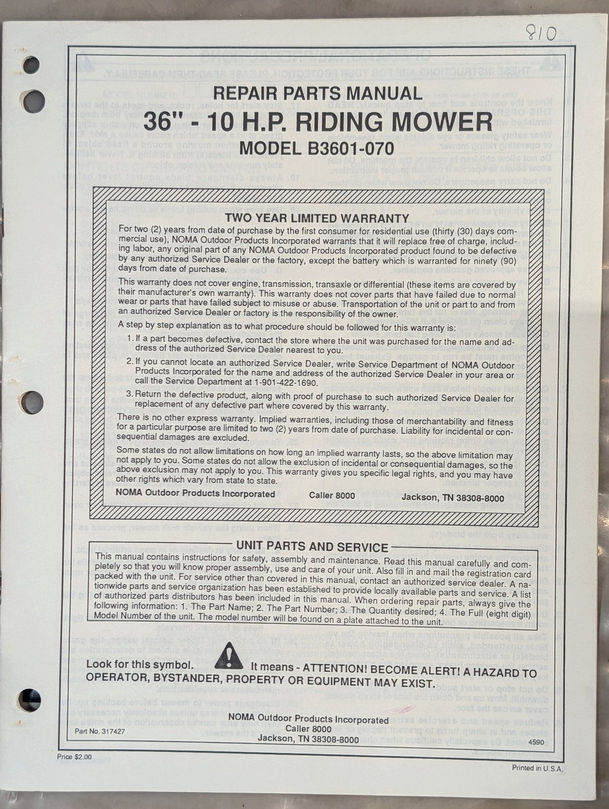 317427 OM NOMA B3601-070 PARTS MANUAL 810 RIDER - Ingersoll/Case Tractor Part