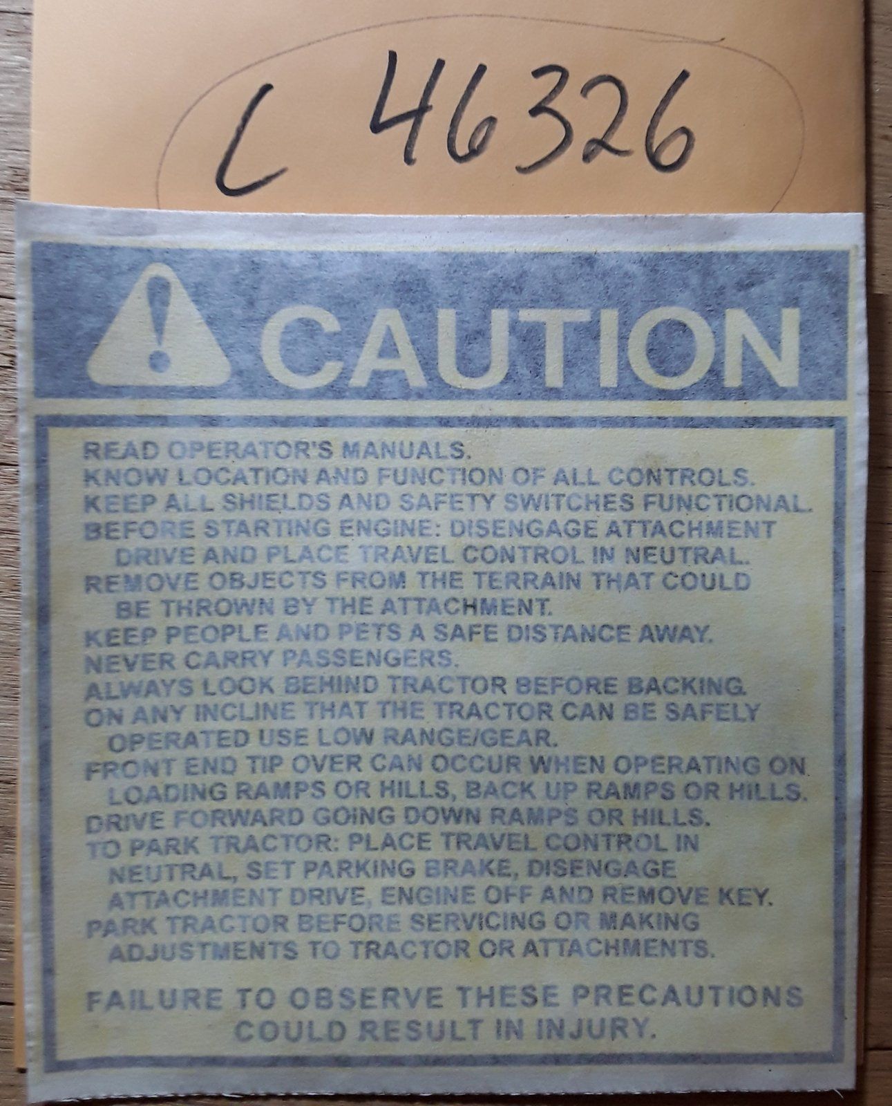 46326 DECAL - CAUTION 321-6659 C44340 C44341 G9021150 - Ingersoll/Case Tractor Part
