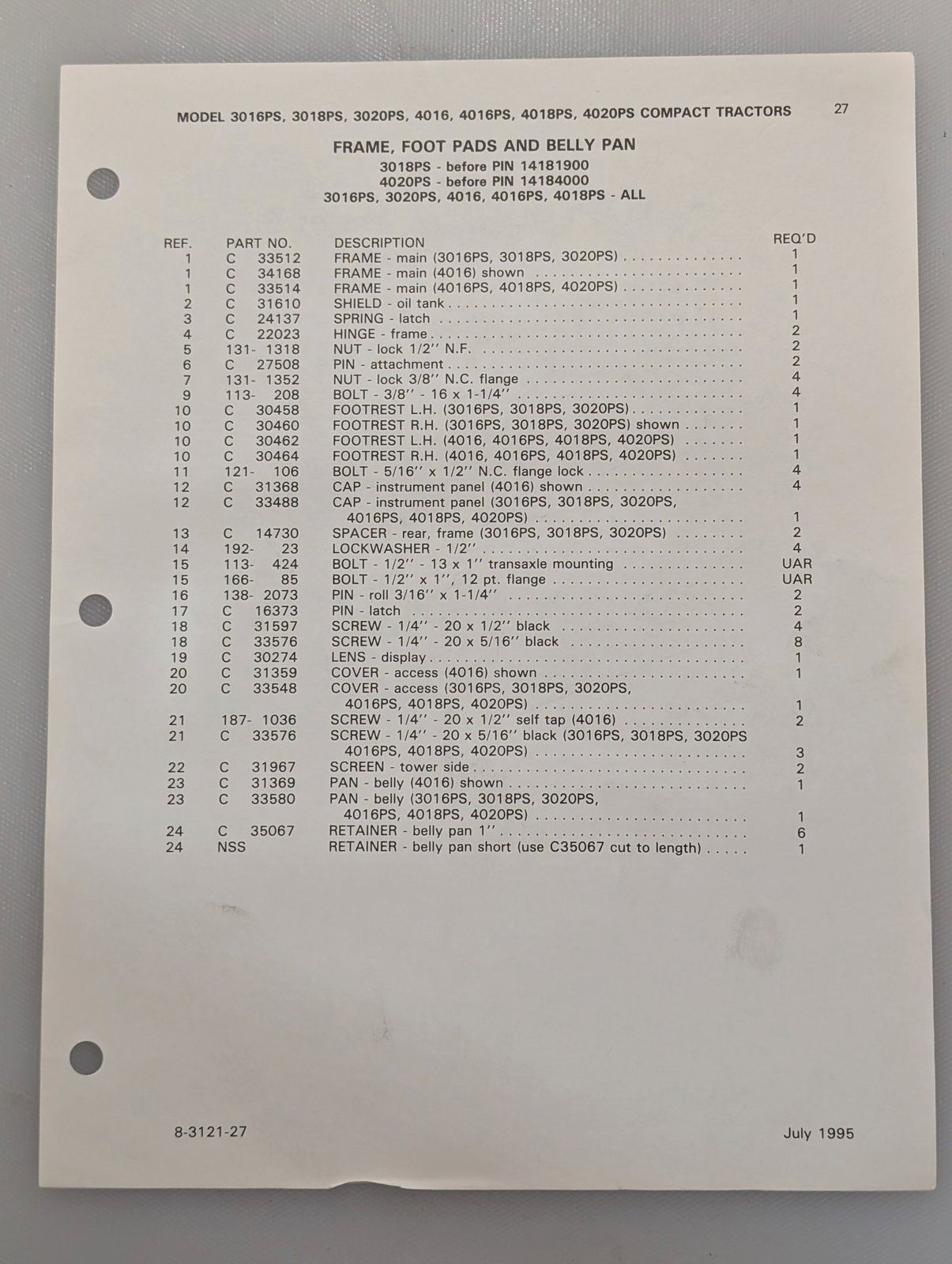 8-3121 PC: 3016PS 3020PS 4016PS 4018PS 4020PS REVISED PAGE 27-28 - Ingersoll/Case Tractor Part