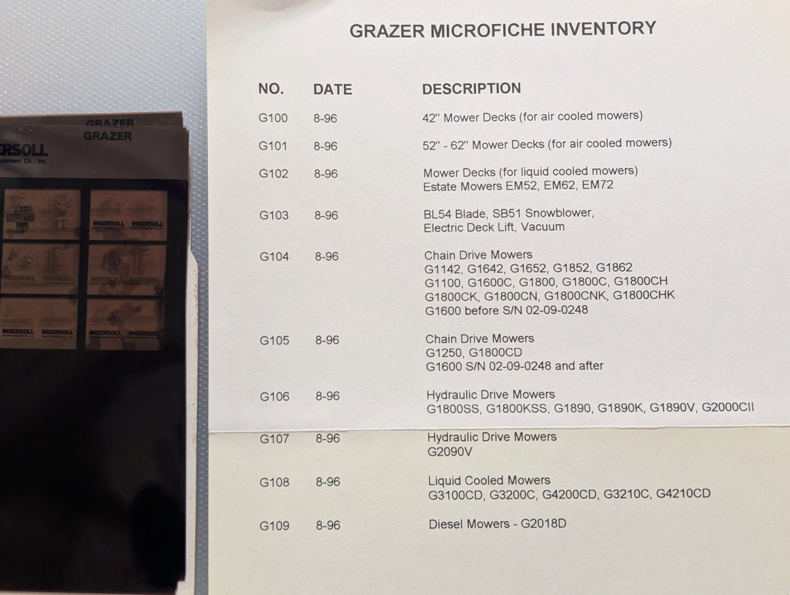 8-3330 GRAZER MICROFICHE MASTER SET - Ingersoll/Case Tractor Part