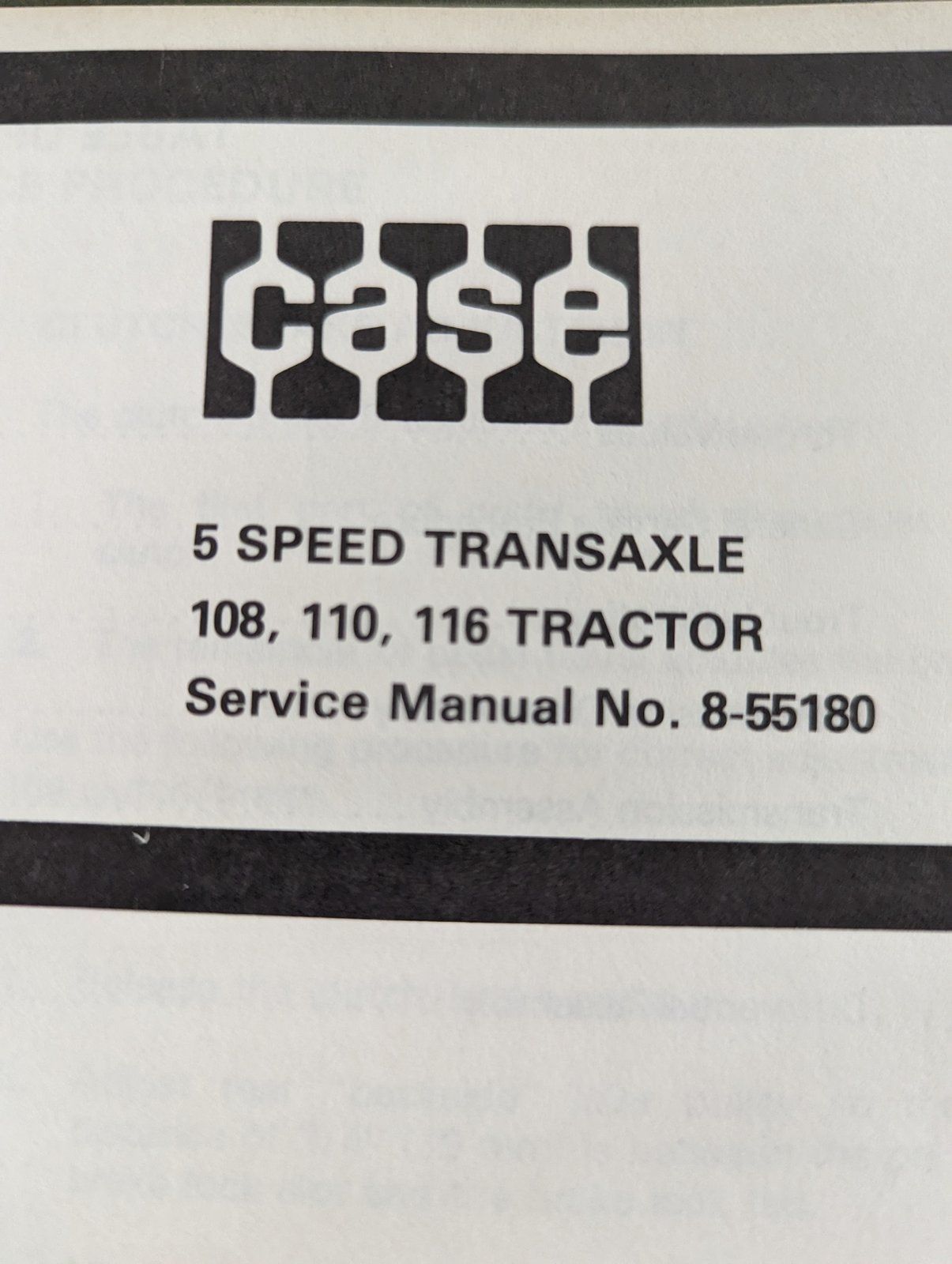 8-55180 SM: 5-SPEED TRANSAXLE 108 110 116 TRACTOR - Ingersoll/Case Tractor Part