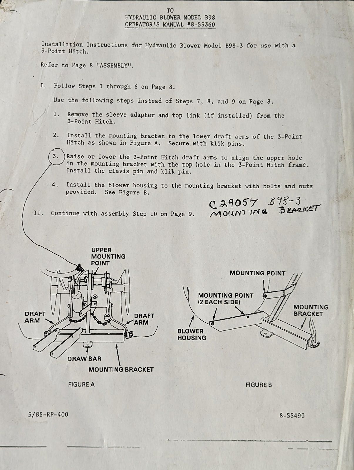 8-55360 OM: B98-3 INSTALLATION INSTRUCTIONS W/ 3-POINT - Ingersoll/Case Tractor Part