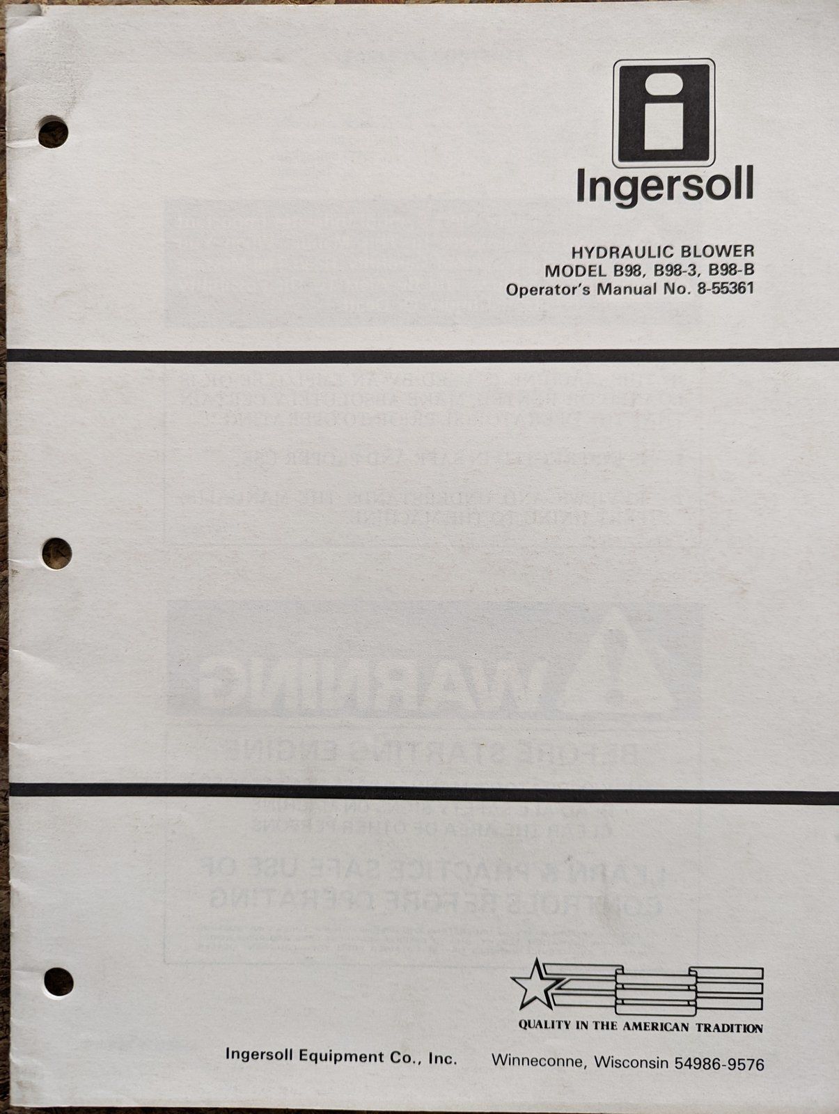 8-55361 OM: B98 B98-3 B98-B HYDRAVAC - Ingersoll/Case Tractor Part