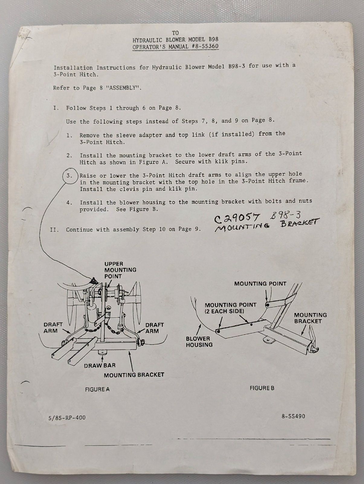 8-55490 B98-3 INSTALLATION INSTRUCTIONS WITH 3-POINT HITCH - Ingersoll/Case Tractor Part