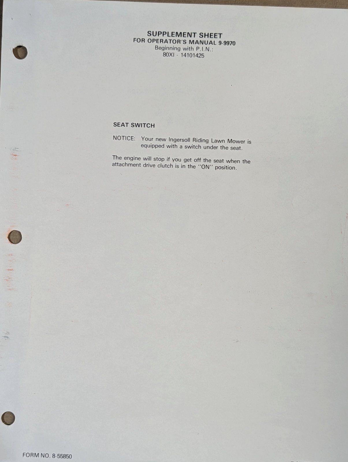 8-55850 SUPPLEMENT SHEET FOR 9-9970 - Ingersoll/Case Tractor Part