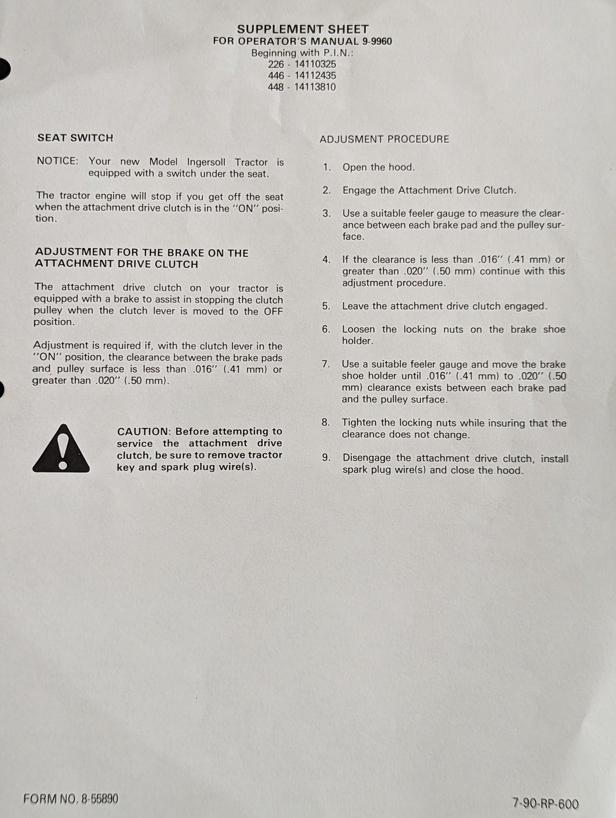 8-55890 SUPPLEMENT SHEET OM: 9-9960 - Ingersoll/Case Tractor Part