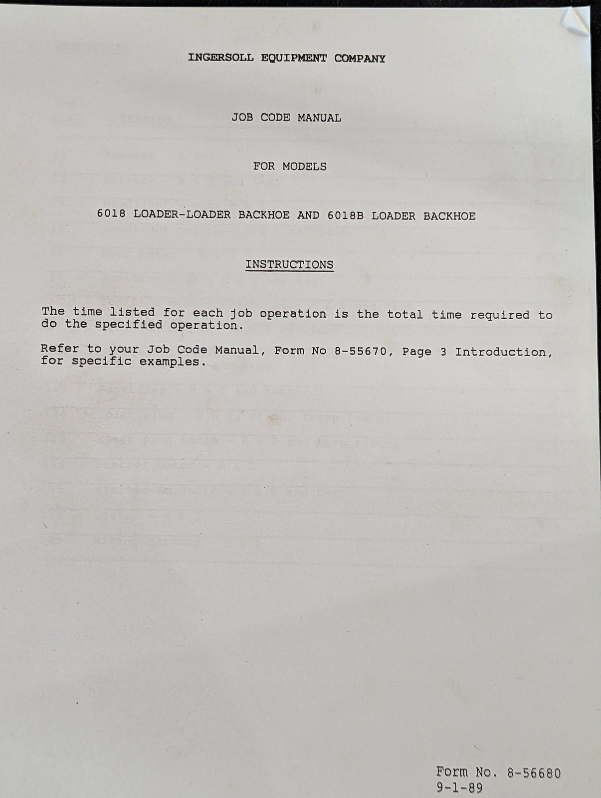 8-56680 JOB CODE MANUAL 6018 & 6018B - Ingersoll/Case Tractor Part