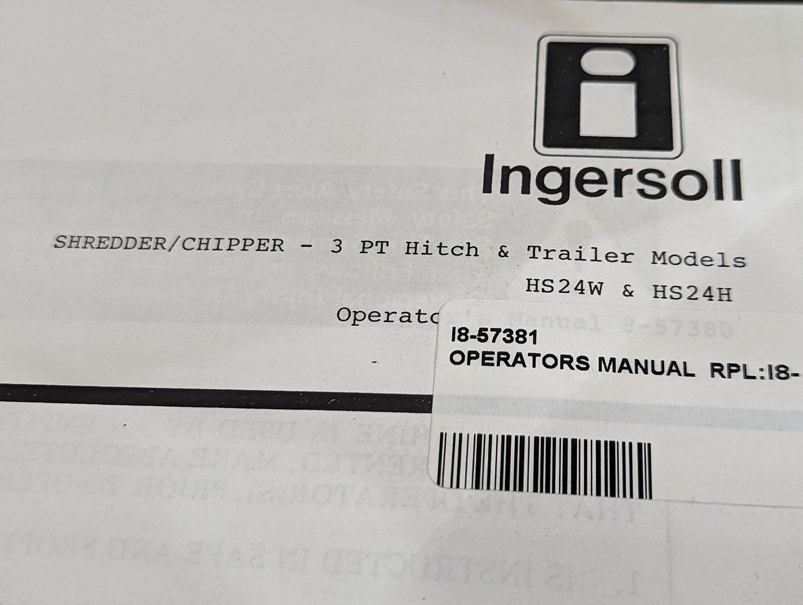 8-57381 OM SHREDDER CHIPPER 3-POINT AND TRAILER MODELS HS24W HS24H AHSW24W - Ingersoll/Case Tractor Part
