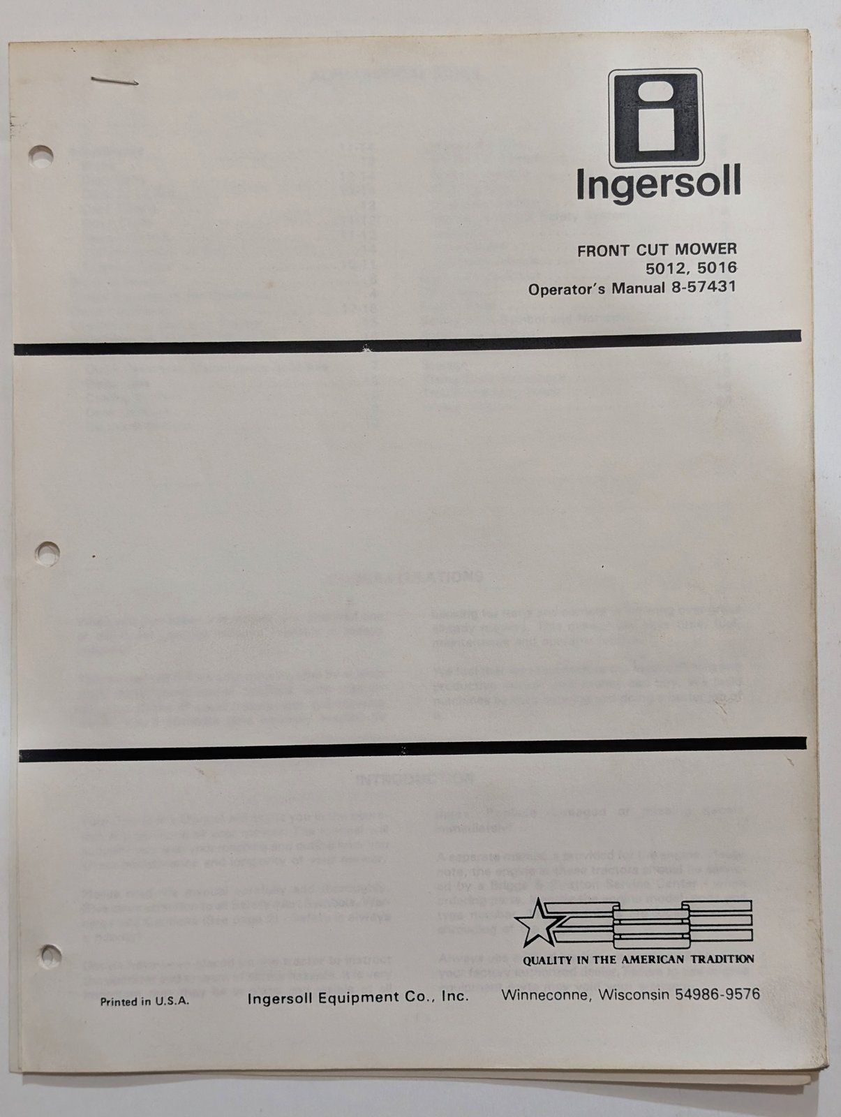 8-57431 OM 5012 5016 FRONT CUT MOWER - Ingersoll/Case Tractor Part