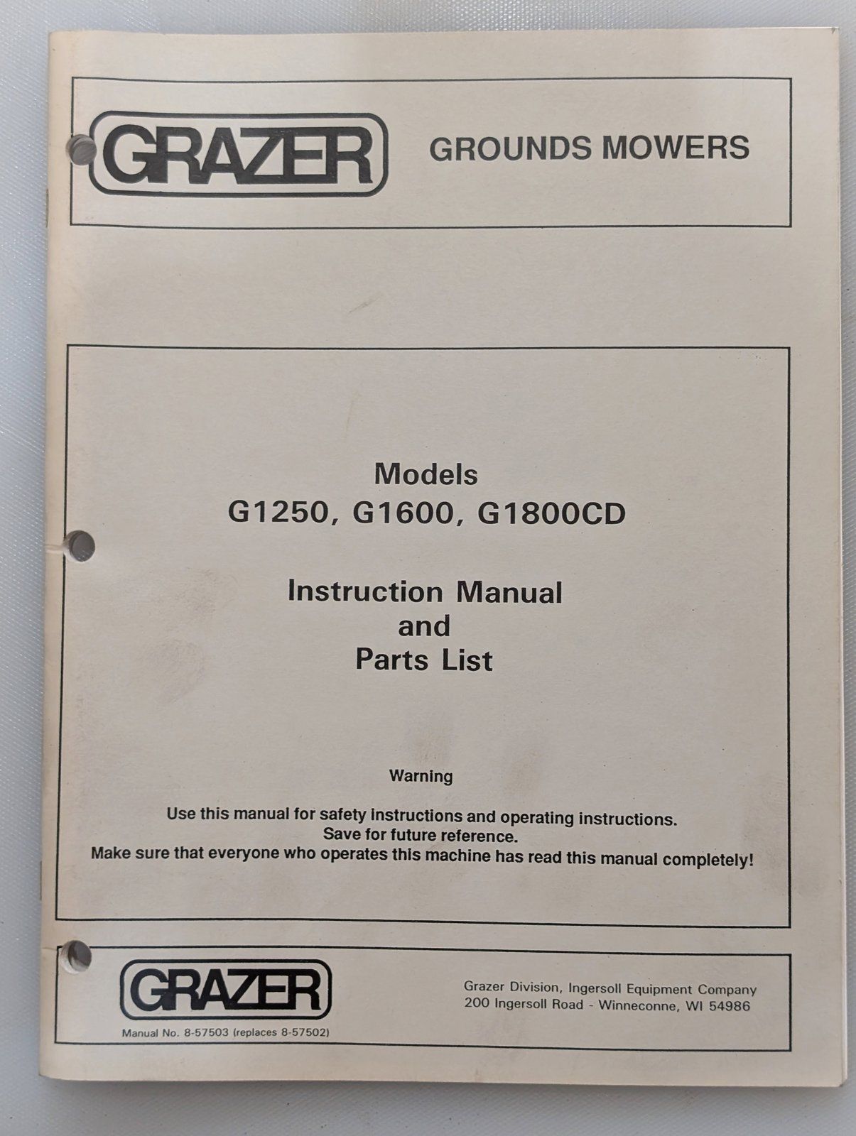 8-57503 OM & PC G1250 G1600 G1800CD - Ingersoll/Case Tractor Part
