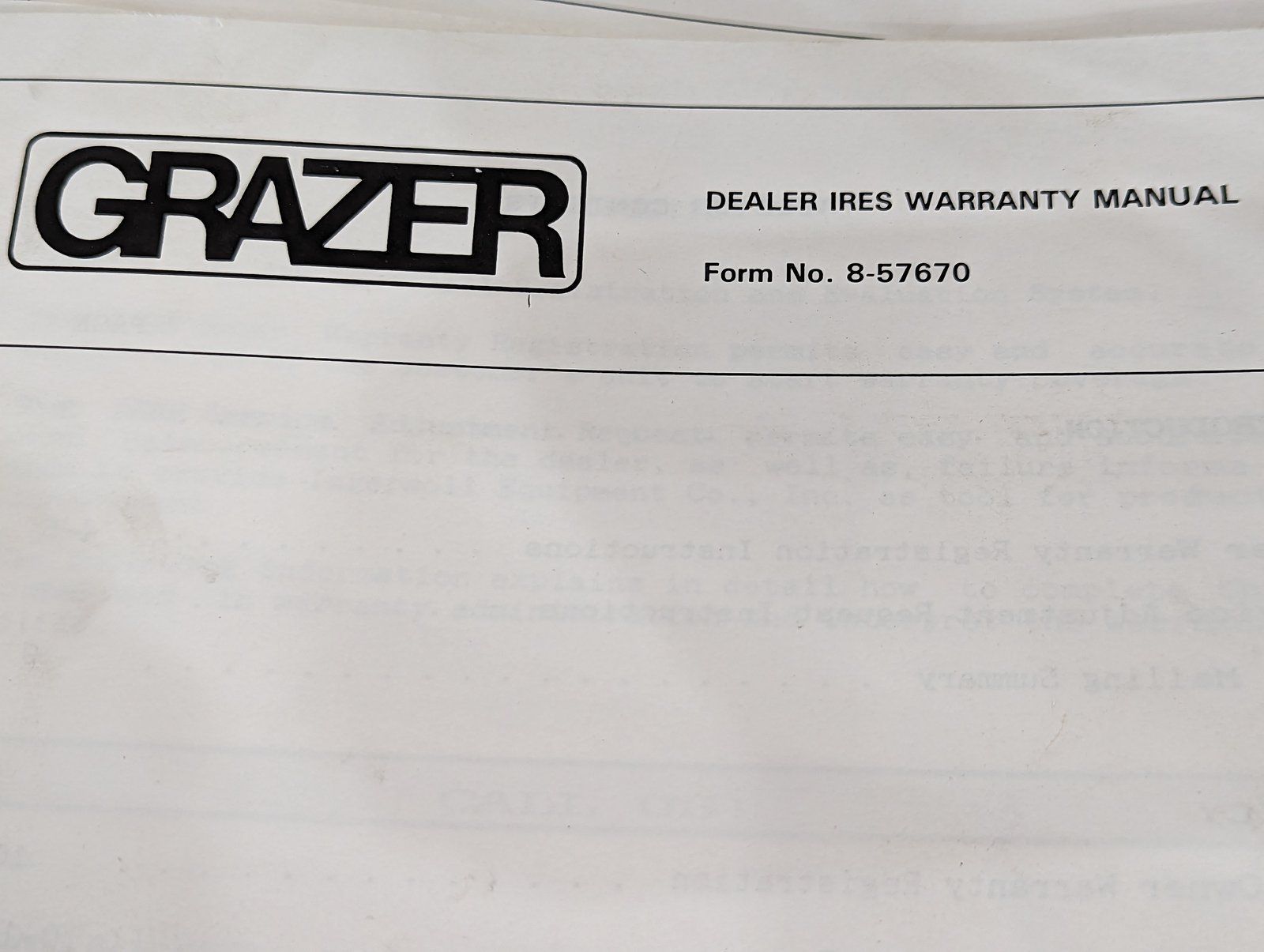 8-57670 GRAZER DEALER IRES WARRANTY MANUAL - Ingersoll/Case Tractor Part