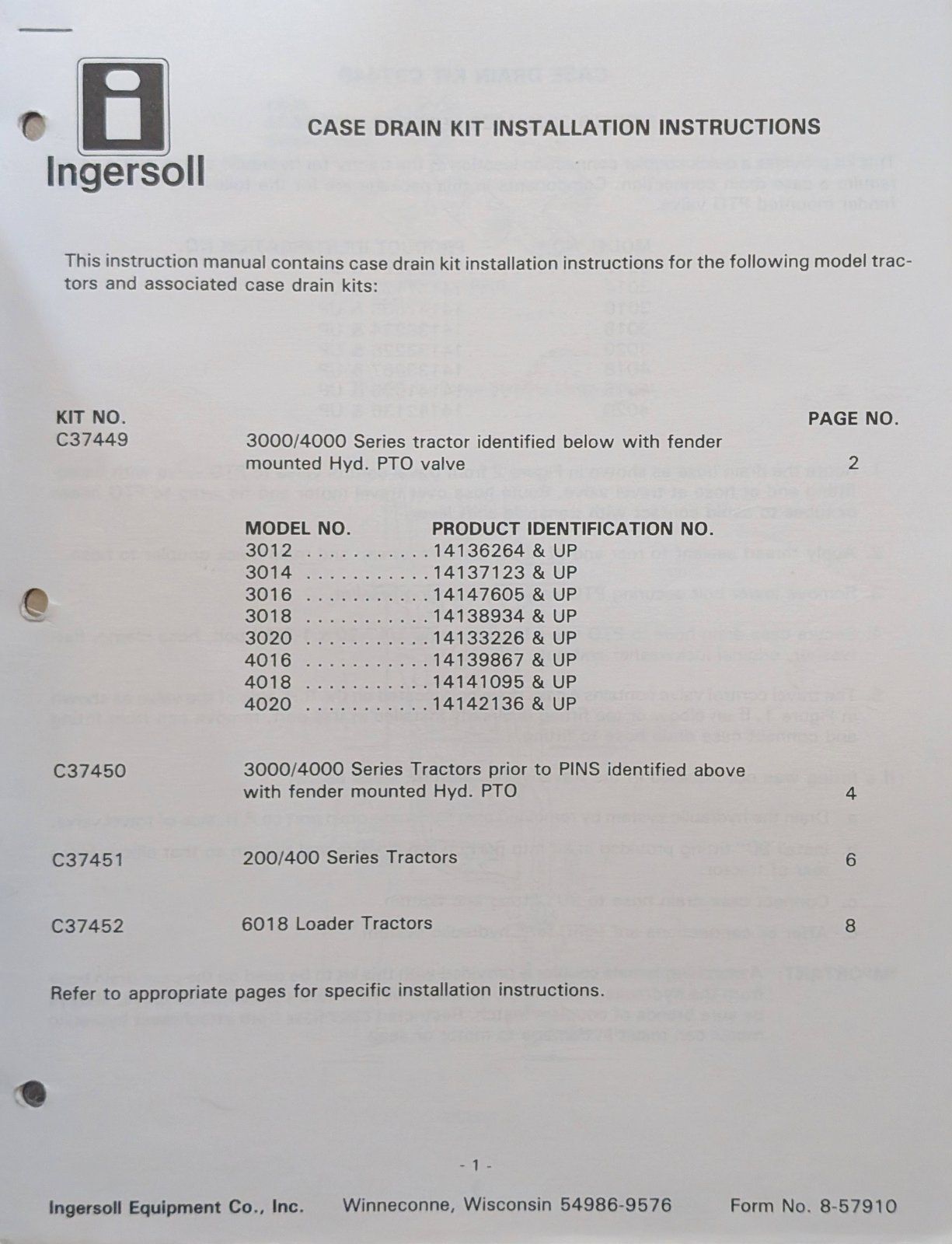 8-57910 INSTALATION INSTRUCTIONS SHEET- CASE DRAIN KITS - Ingersoll/Case Tractor Part