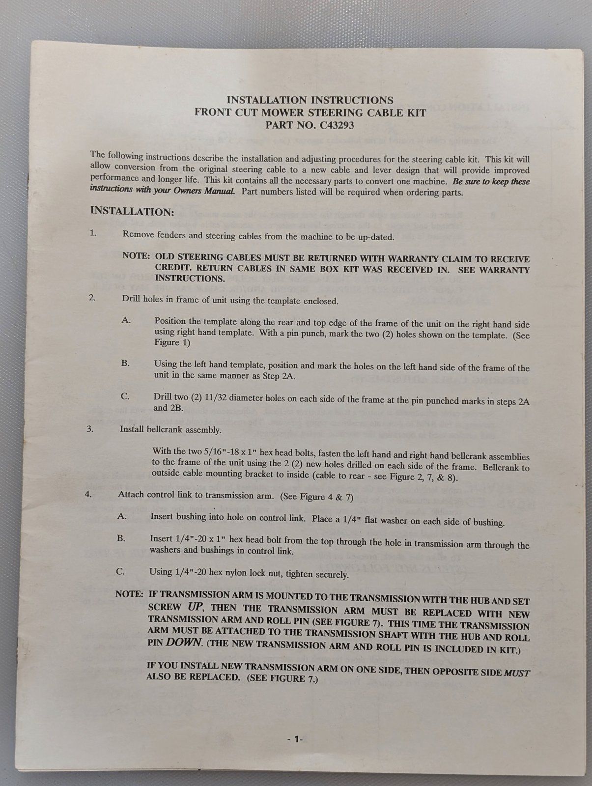 8-57960 INSTALLATION INSTRUCTIONS FRONT CUT MOWER C43293 - Ingersoll/Case Tractor Part