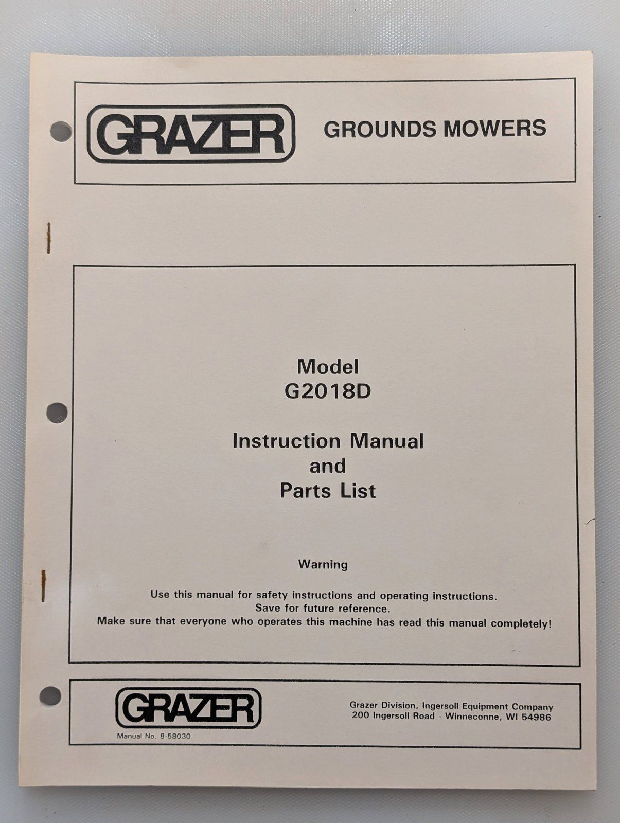 8-58030 OM & PC - G2018D DIESEL FRONT CUT - Ingersoll/Case Tractor Part