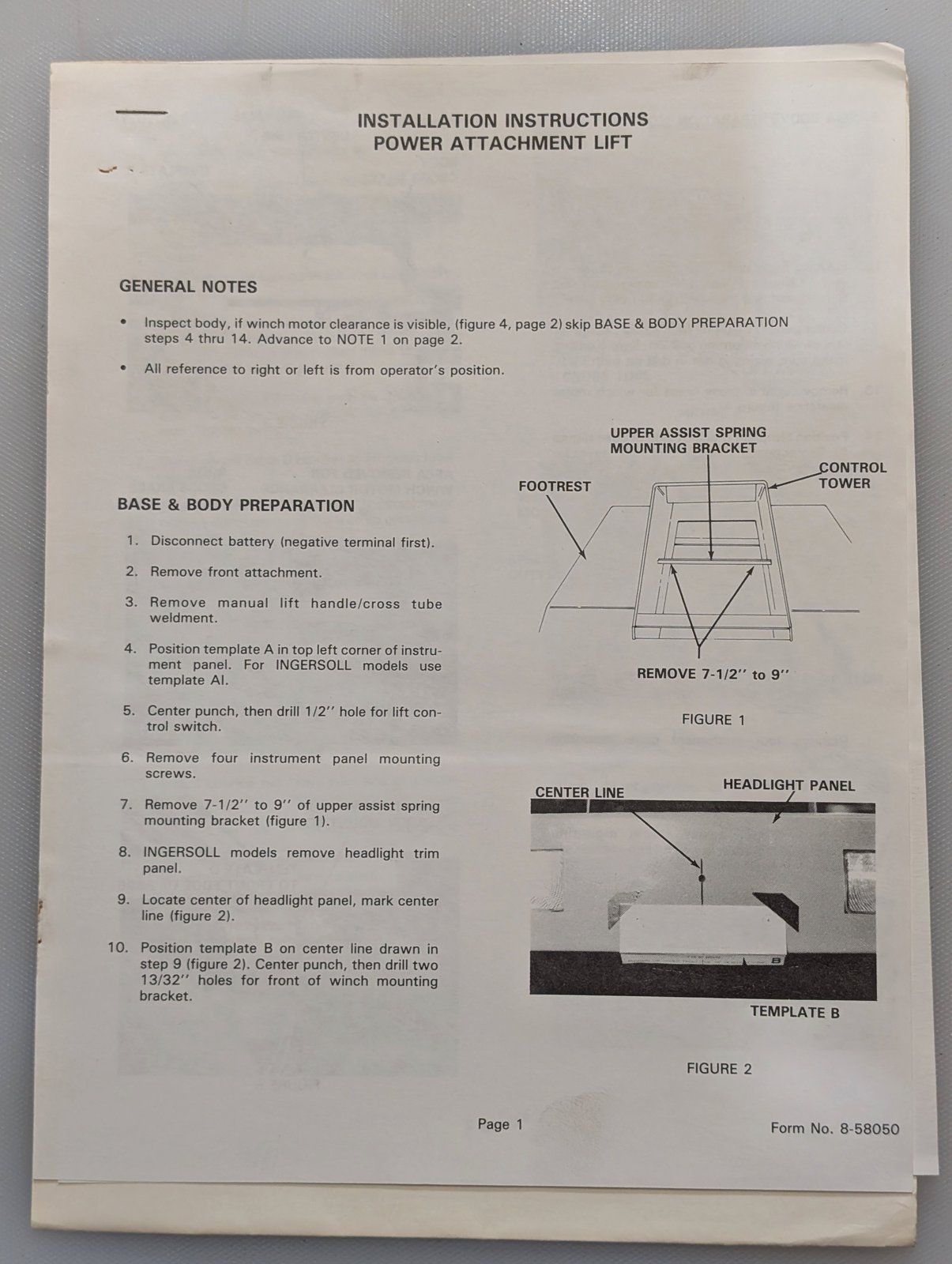 8-58050 INSTALLATION INSTRUCTIONS POWER ATTACHMENT LIFT ZERO TURN C43984 - Ingersoll/Case Tractor Part
