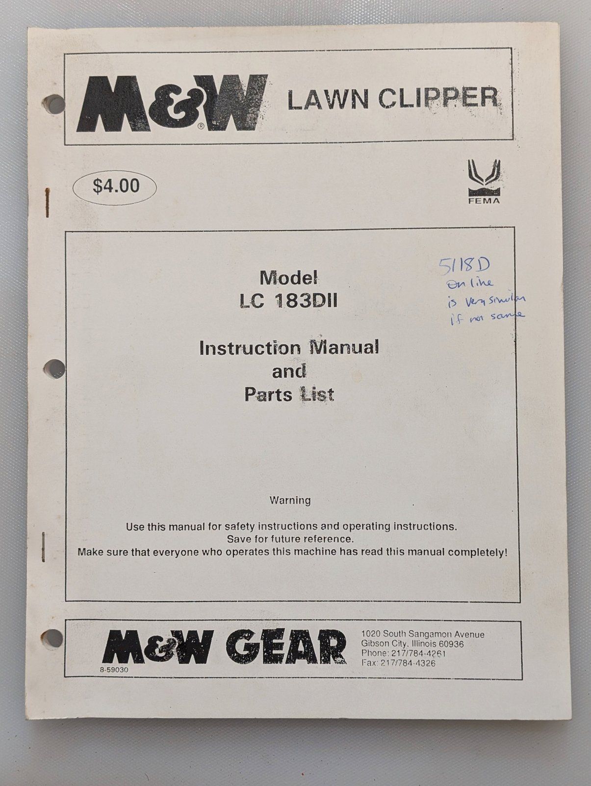 8-59030 OM & PC M&W CLIPPER MODEL LC 183DII - Ingersoll/Case Tractor Part
