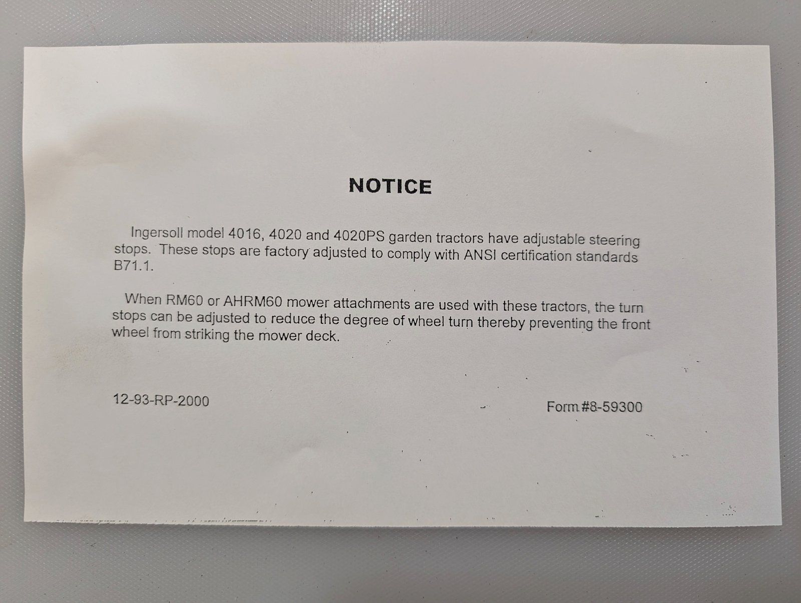 8-59300 NOTICE ANSI STANDARDS - Ingersoll/Case Tractor Part