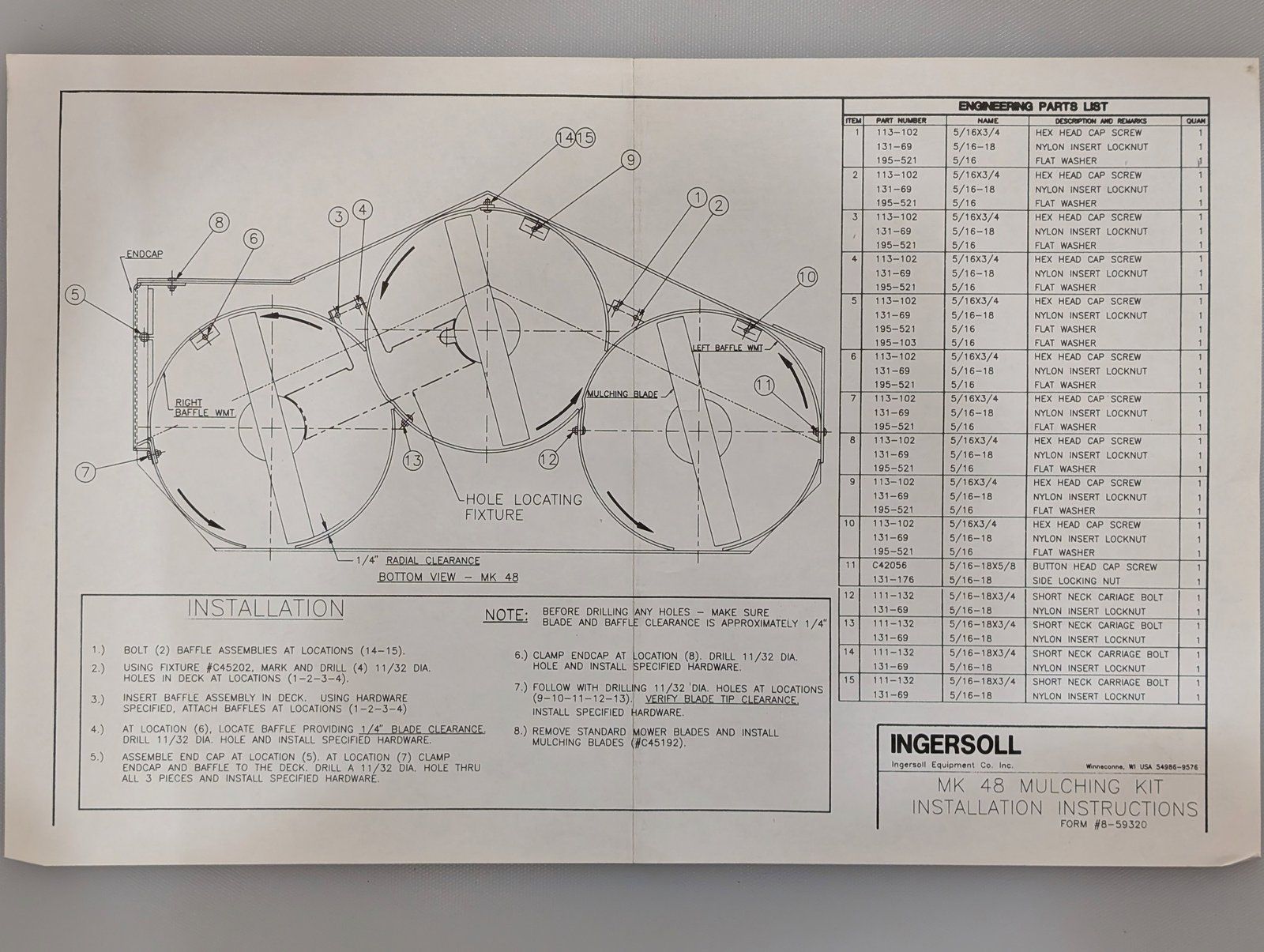 8-59320 MK48 MULCHING KIT INSTALLATION INSTRUCTIONS - Ingersoll/Case Tractor Part