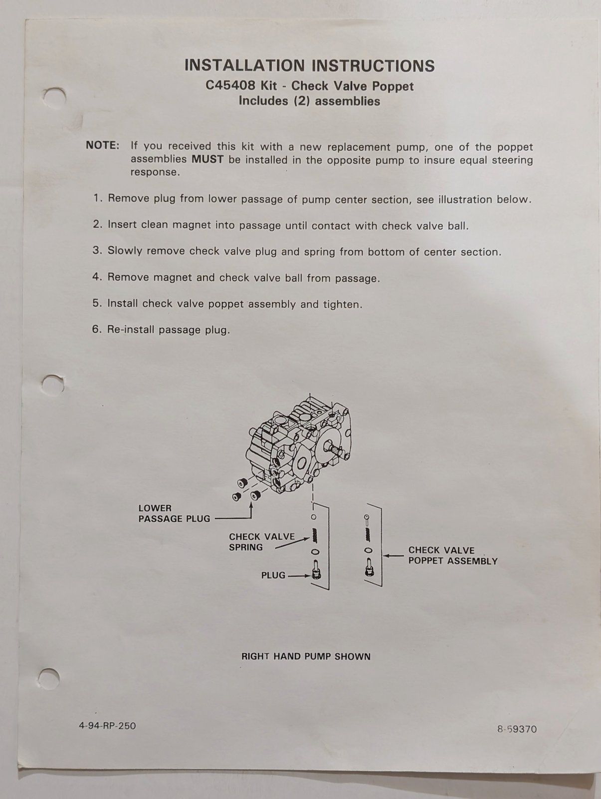 8-59370 INSTALLATION INSTRUCTIONS C45408 CHECK VALVE POPPET - Ingersoll/Case Tractor Part