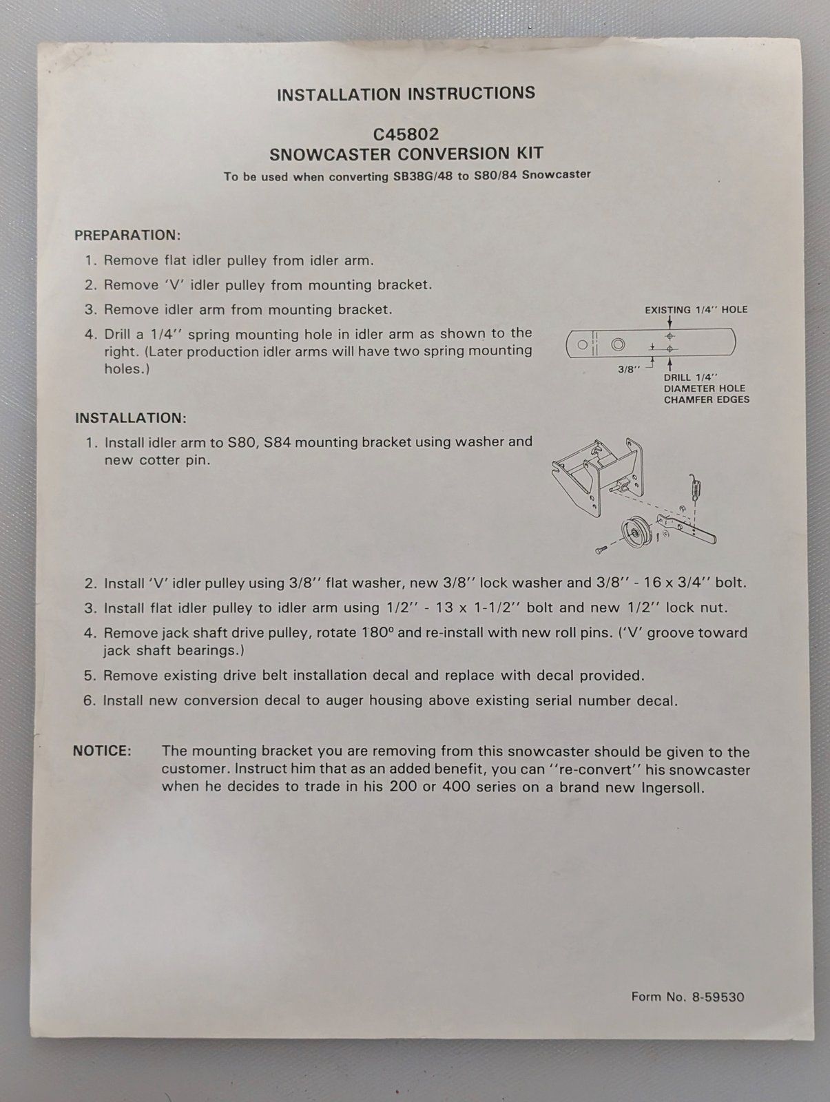 8-59530 INSTALLATION INSTRUCTIONS C45802 SNOWCASTER CONVERSION KIT - Ingersoll/Case Tractor Part