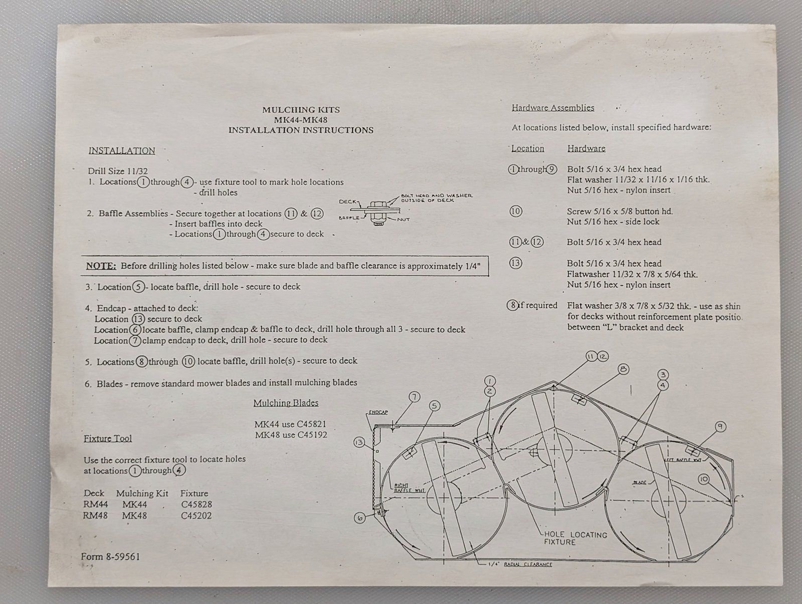 8-59561 MULCHING KIT MK44 MK48 INSTALATION INSTRUCTIONS - Ingersoll/Case Tractor Part