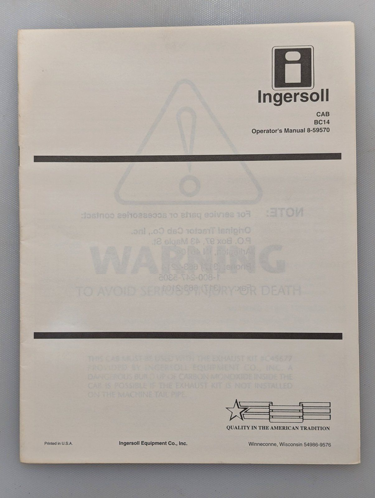 8-59570 OM CAB BC14 - Ingersoll/Case Tractor Part