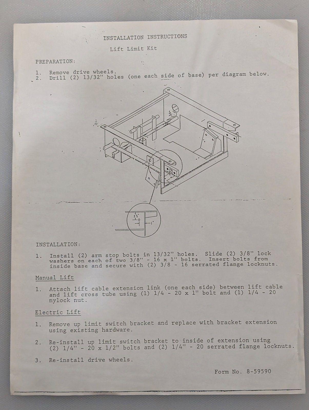 8-59590 LIFT LIMIT KIT INSTALLATION INSTRUCTIONS ZERO TURN - Ingersoll/Case Tractor Part
