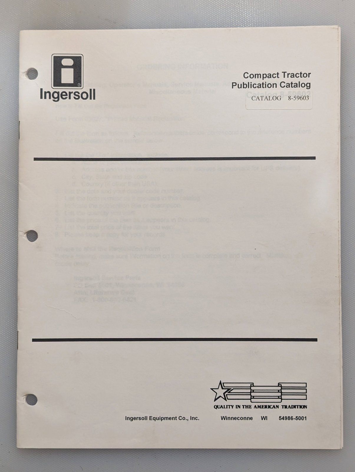8-59603 COMPACT TRACTOR PUBLICATION CATALOG - Ingersoll/Case Tractor Part