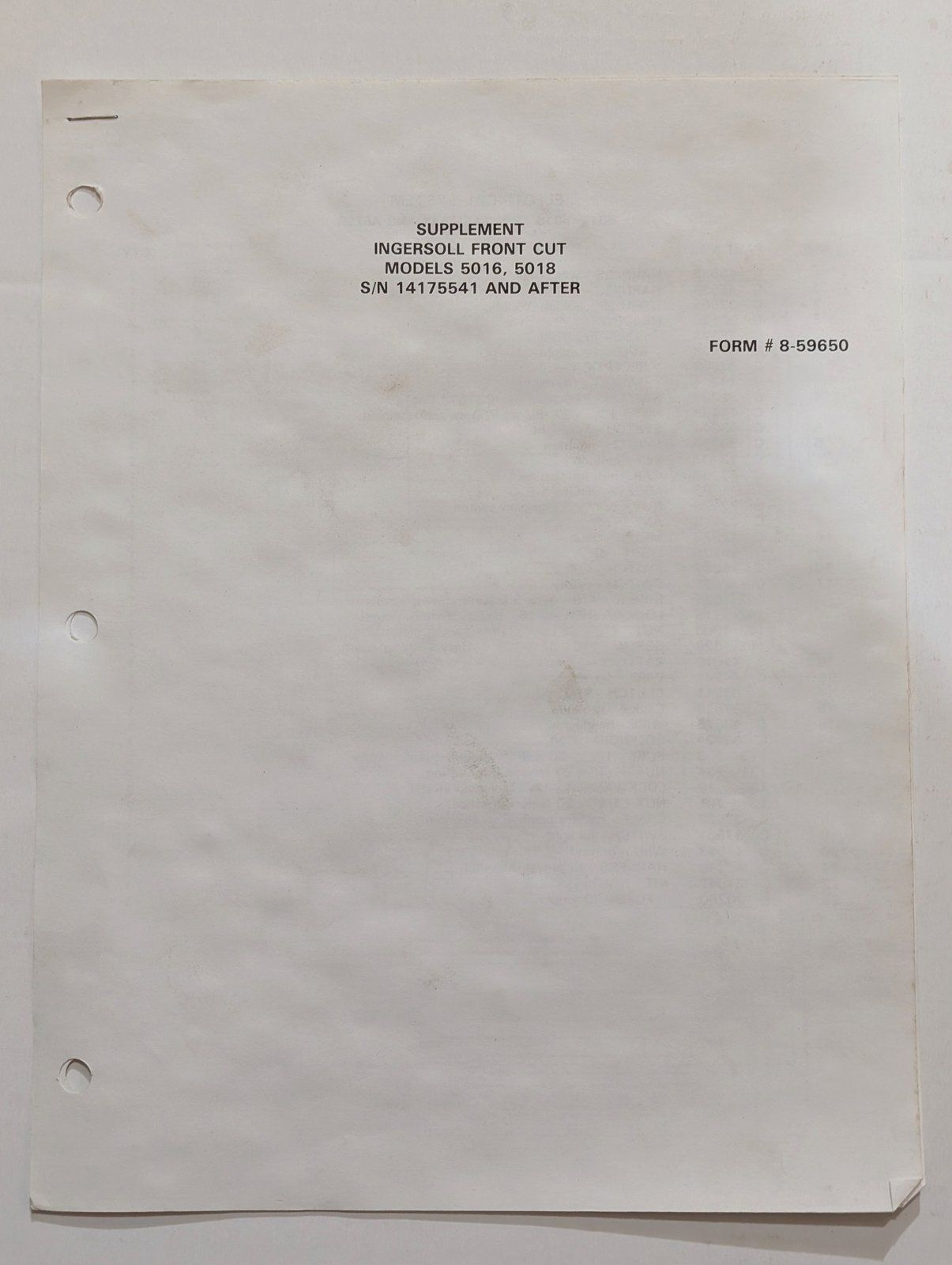 8-59650 SUPPLEMENT MODELS 5016 5018 - Ingersoll/Case Tractor Part