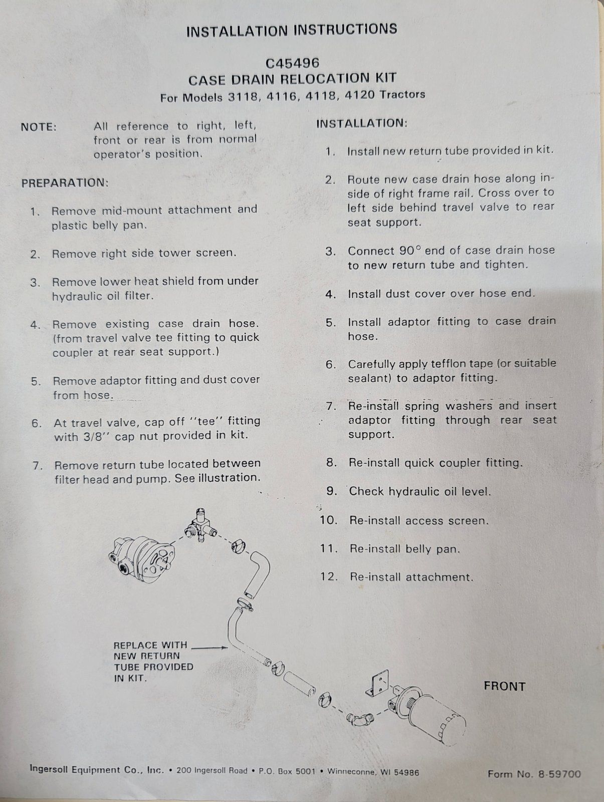 8-59700 CASE DRAIN RELOCATION C45496 KIT INSTRUCTIONS - Ingersoll/Case Tractor Part