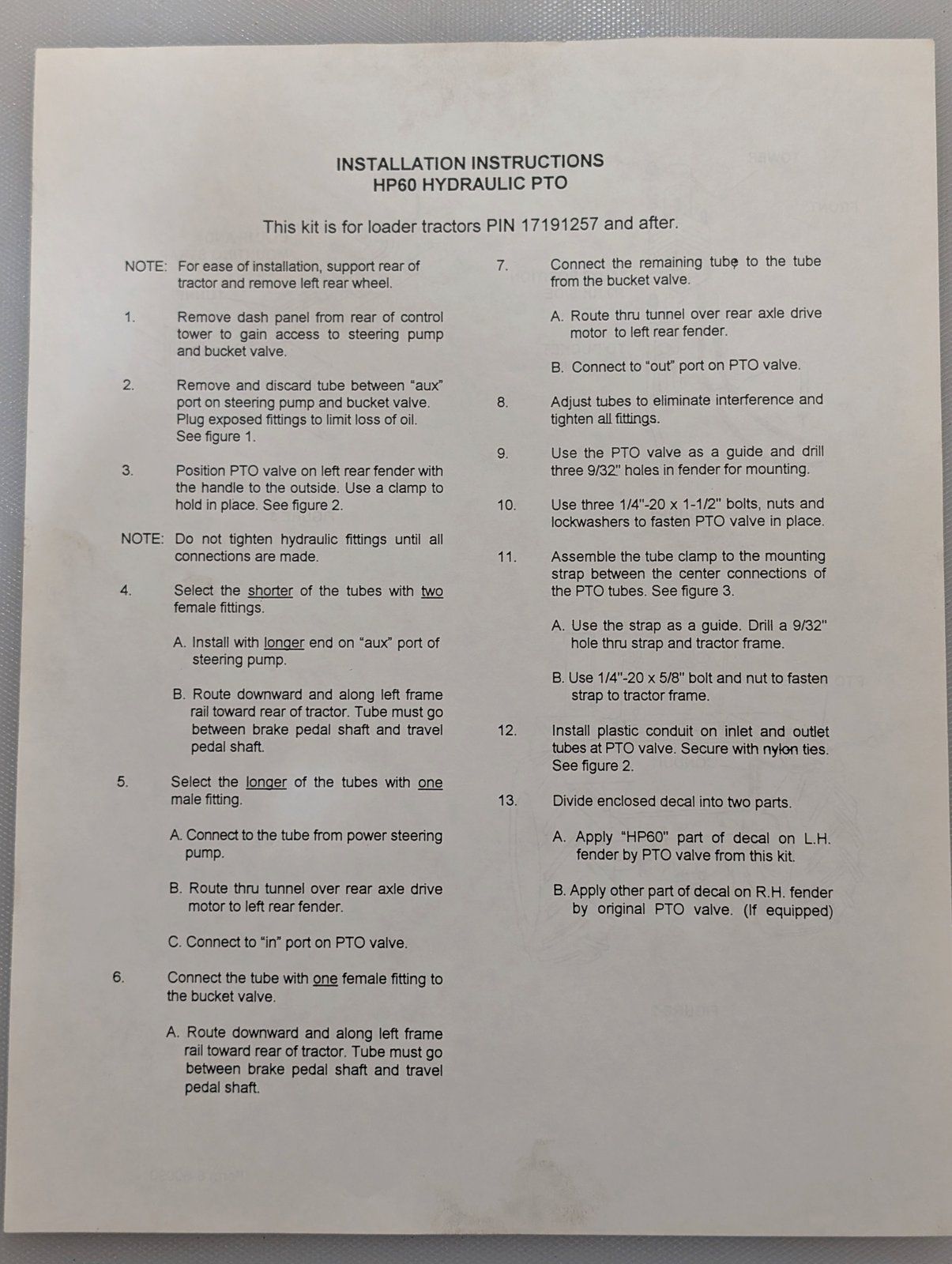 8-60090 HP60 INSTALLATION INSTRUCTIONS - Ingersoll/Case Tractor Part