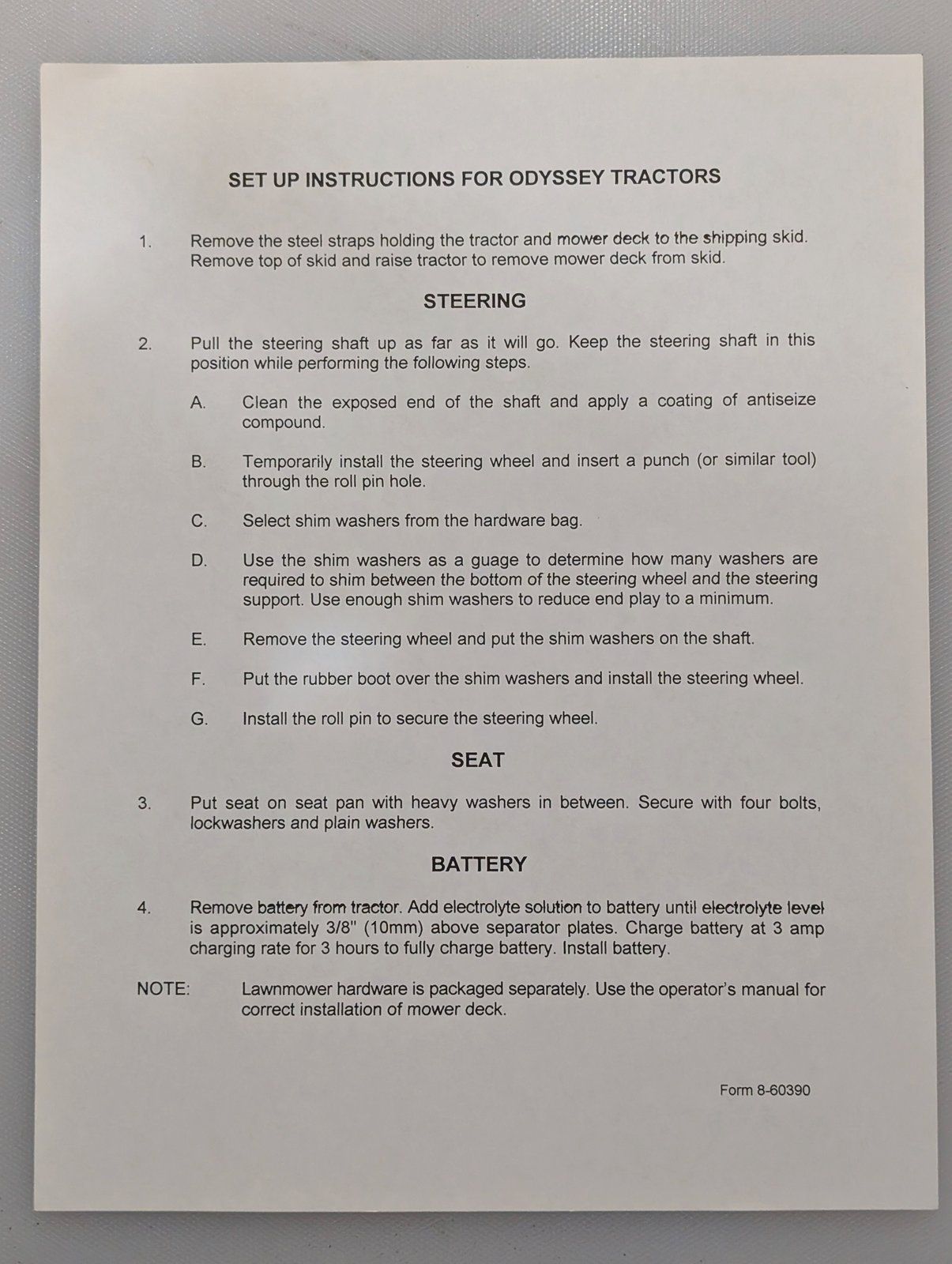 8-60390 SET UP INSTRUCTIONS FOR ODYSSEY TRACTOR - Ingersoll/Case Tractor Part