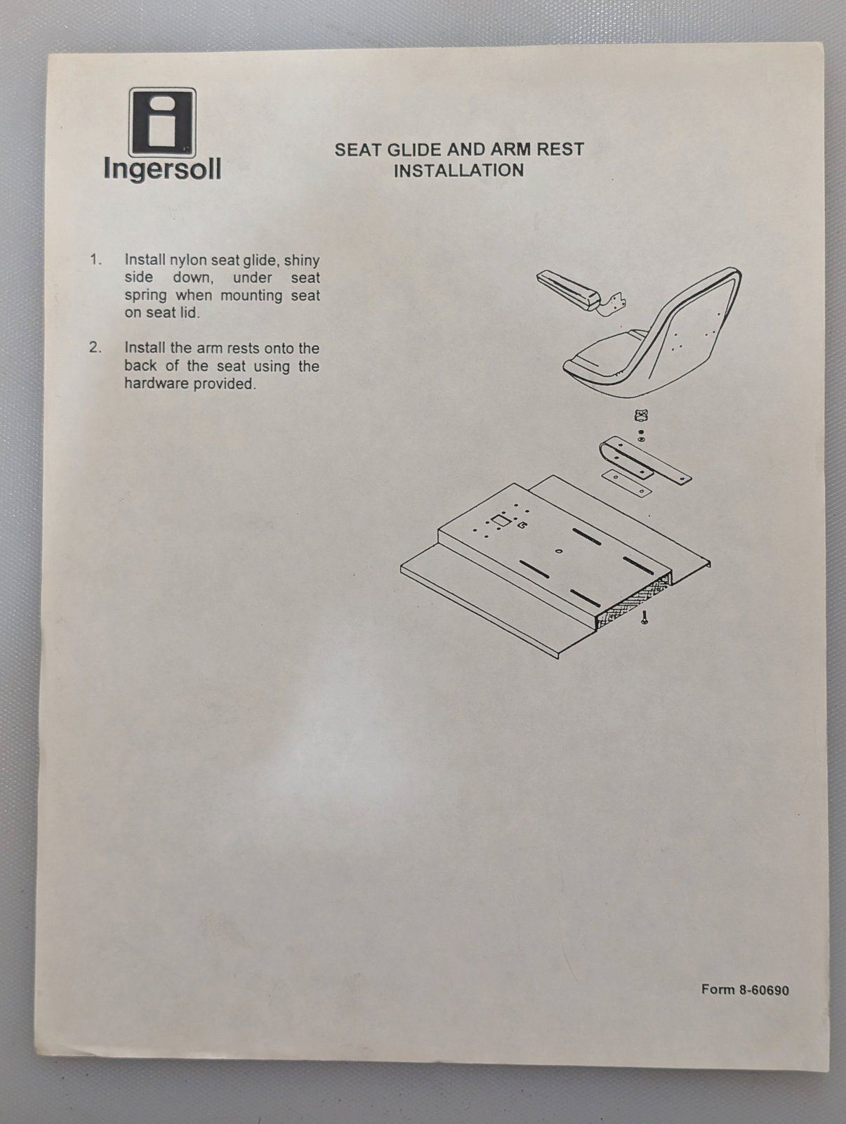 8-60690 INSTALLATION SEAT GLIDE AND ARM REST - Ingersoll/Case Tractor Part