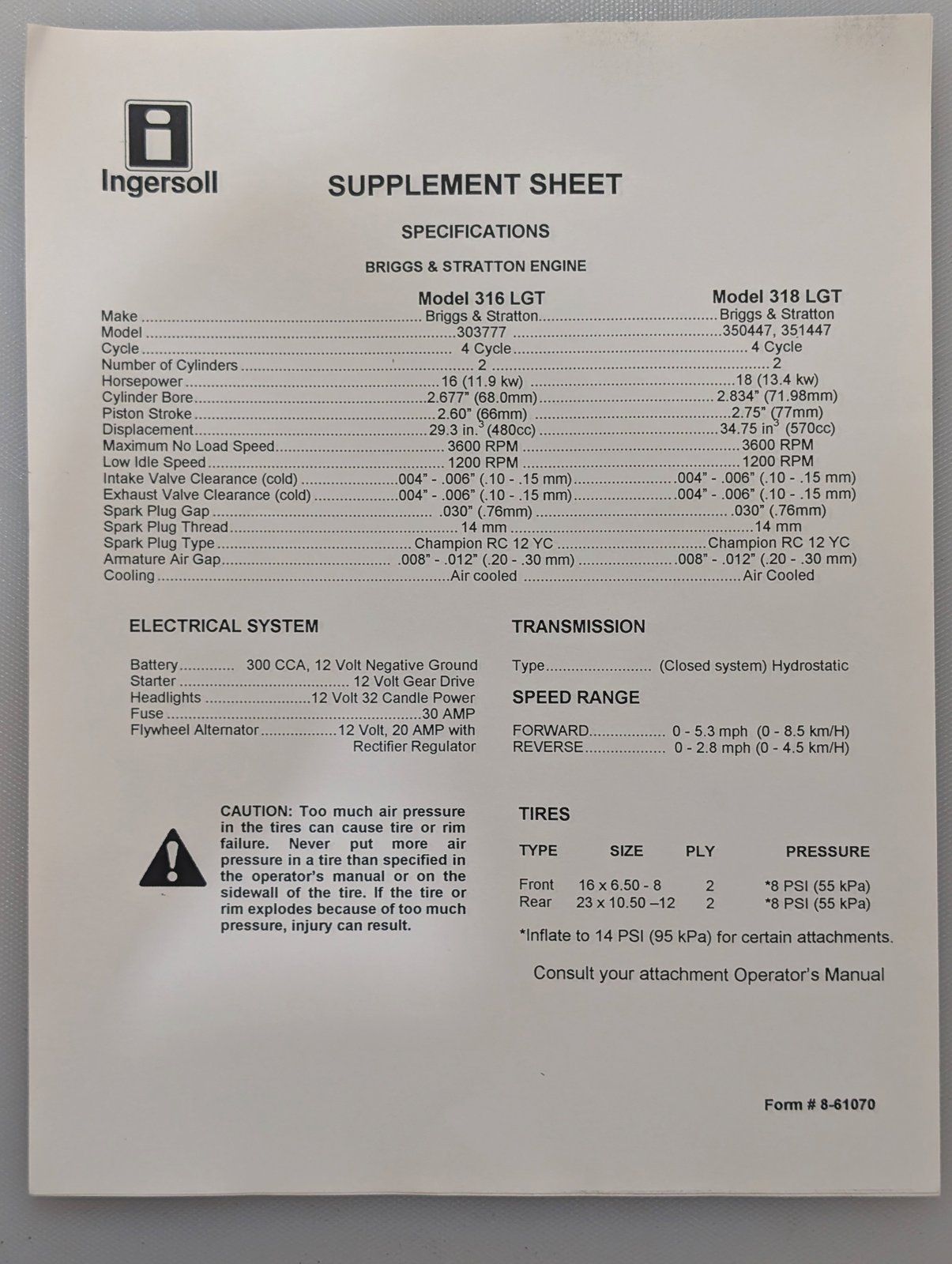 8-61070 SUPPLEMENT SHEET MODEL 316 LGT - Ingersoll/Case Tractor Part