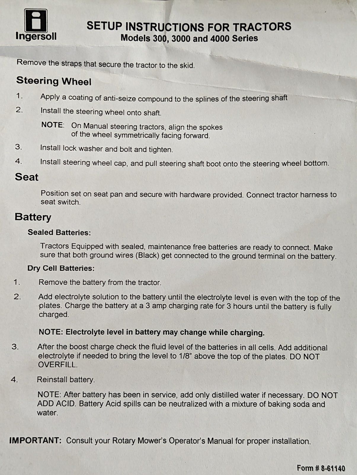 8-61140 SETUP INSTRUCTIONS FOR TRACTORS 300 3000 4000 SERIES - Ingersoll/Case Tractor Part
