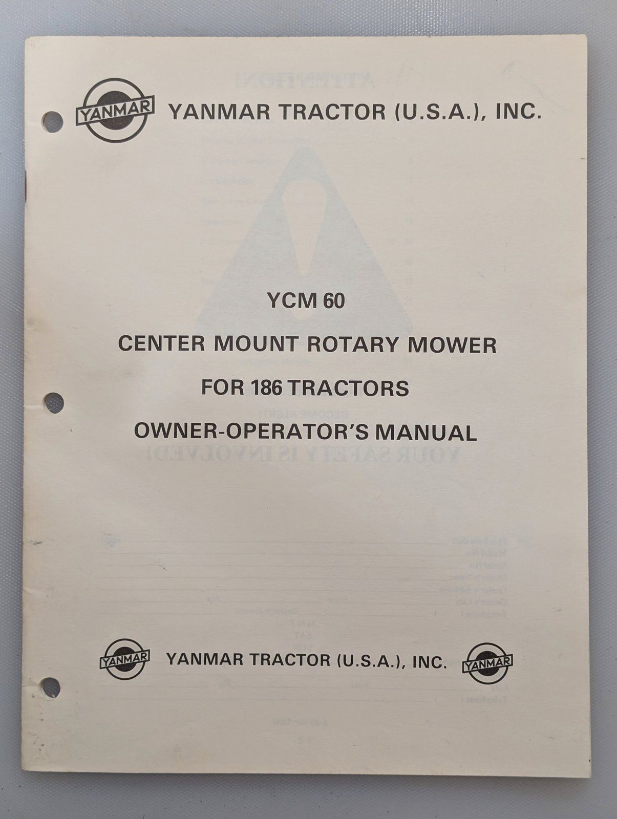 800-23009-183001 OM & PC YANMAR YCM60 CENTER MOUNT DECK FOR 186 TRACTOR - Ingersoll/Case Tractor Part