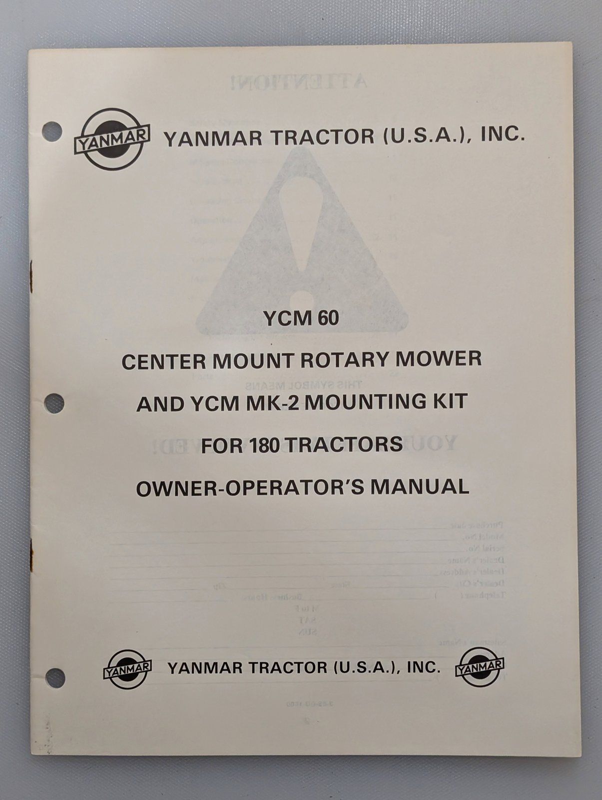 880-23010-383001 OM & PC YANMAR YCM60 CENTER MOUNT DECK MK-2 KIT 180 TRACTOR - Ingersoll/Case Tractor Part