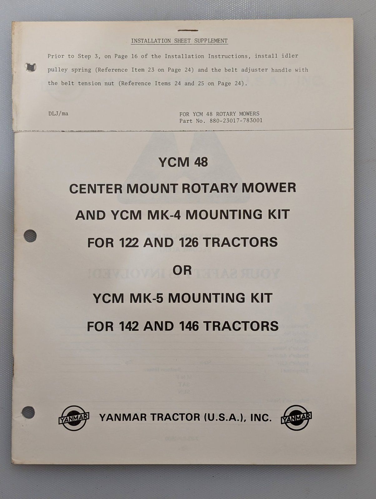 880-23017-783001 OM & PC YANMAR YCM48 MOWER MK-4 MK-5 KIT 122 126 142 146 TRACTOR - Ingersoll/Case Tractor Part
