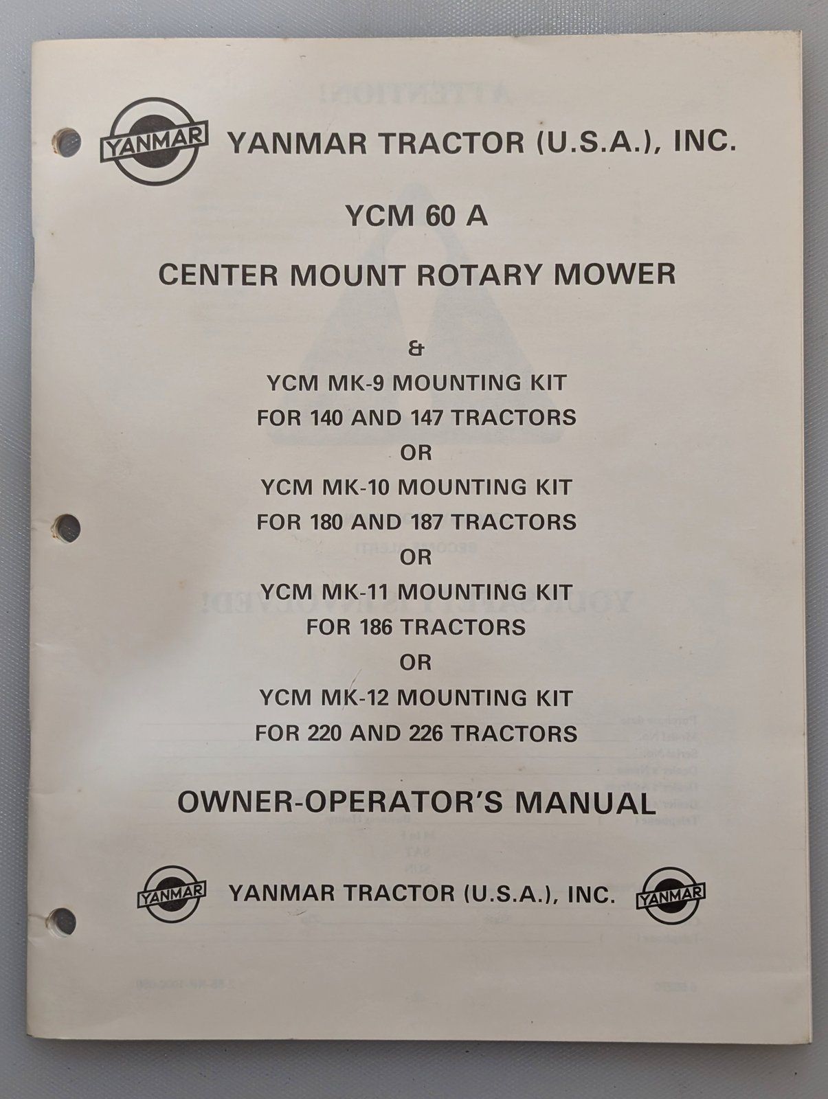 880-23033-1084001 YANMAR YCM60A OM & PC CENTER MOUNT MOWER DECK - Ingersoll/Case Tractor Part