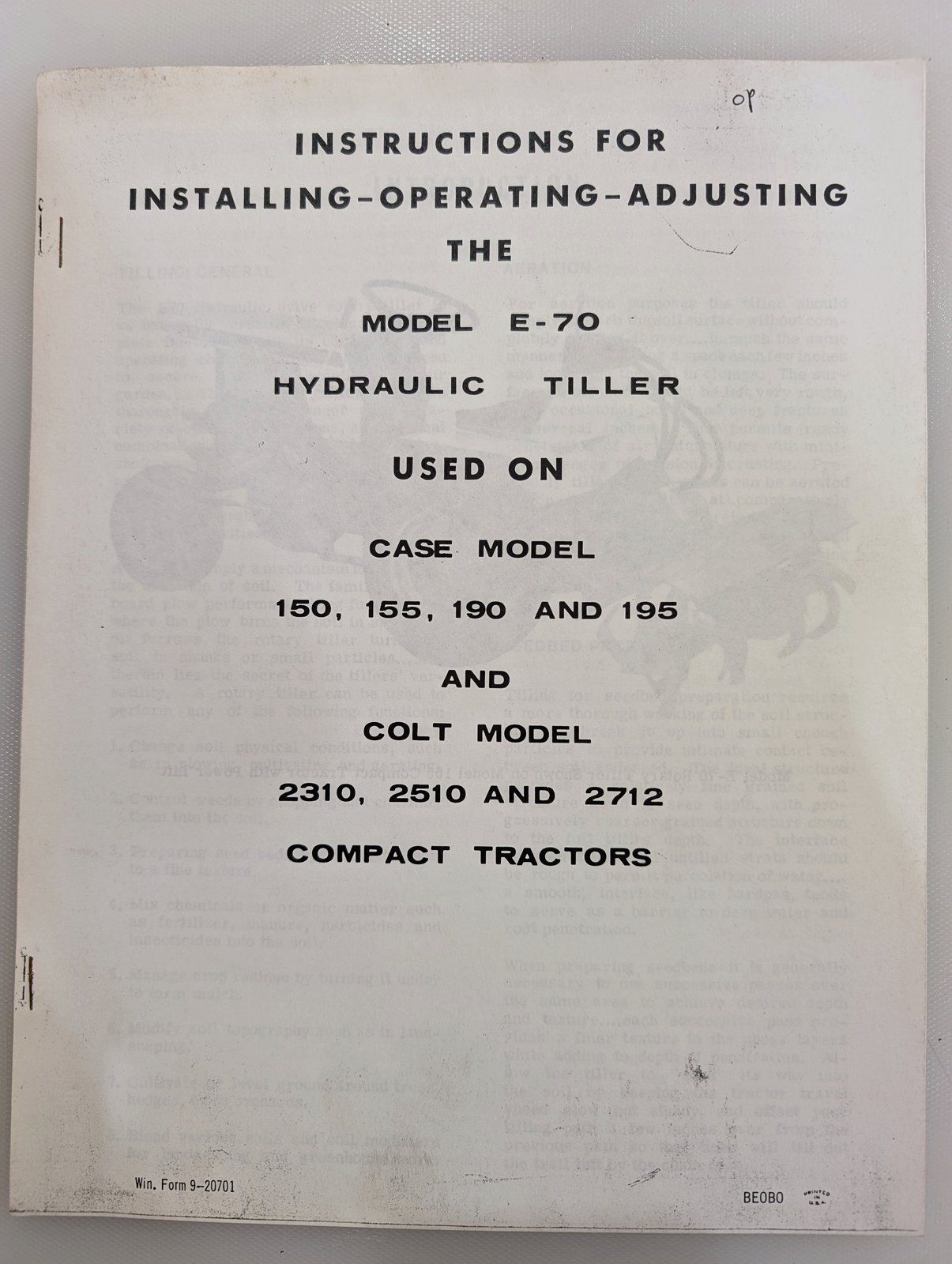 9-20701 OM E70 TILLER - Ingersoll/Case Tractor Part