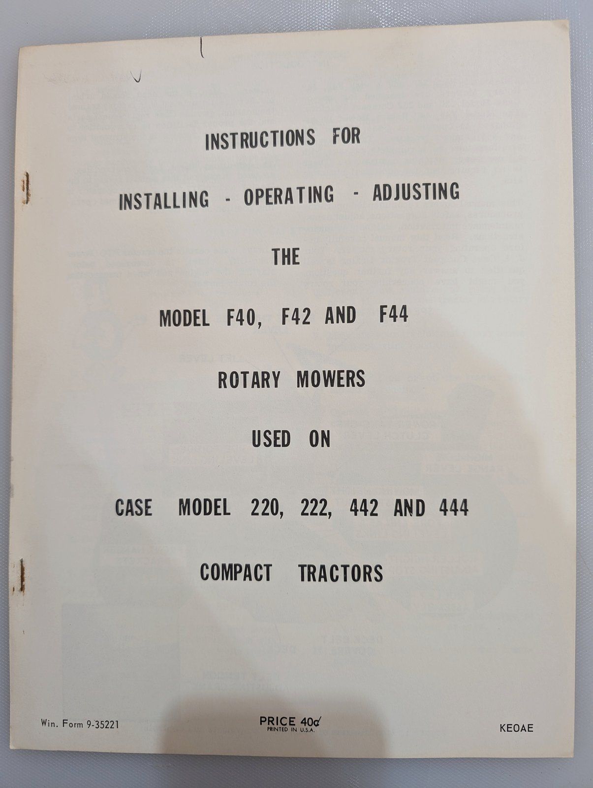 9-35221 OM F40 F42 F44 MOWER - Ingersoll/Case Tractor Part