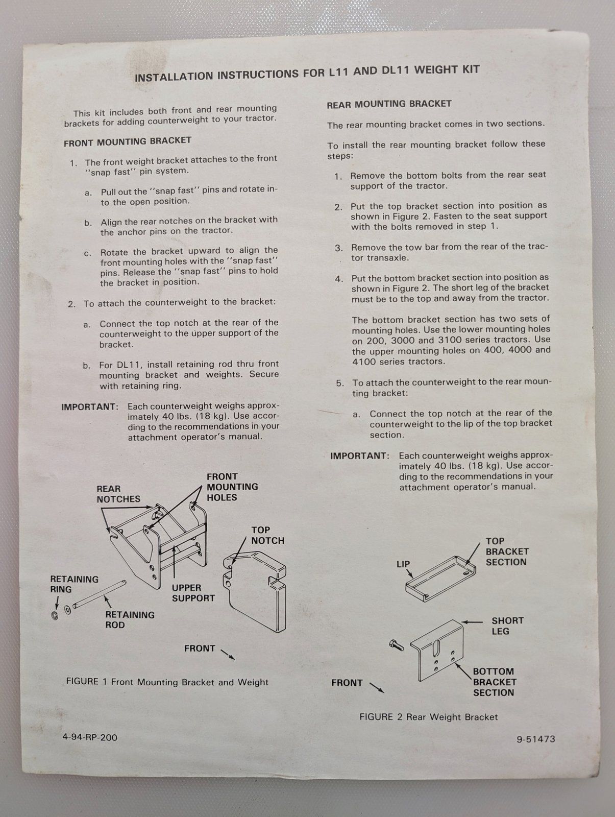 9-51473 L11 AND DL11 WEIGHT KIT INSTRUCTIONS - Ingersoll/Case Tractor Part