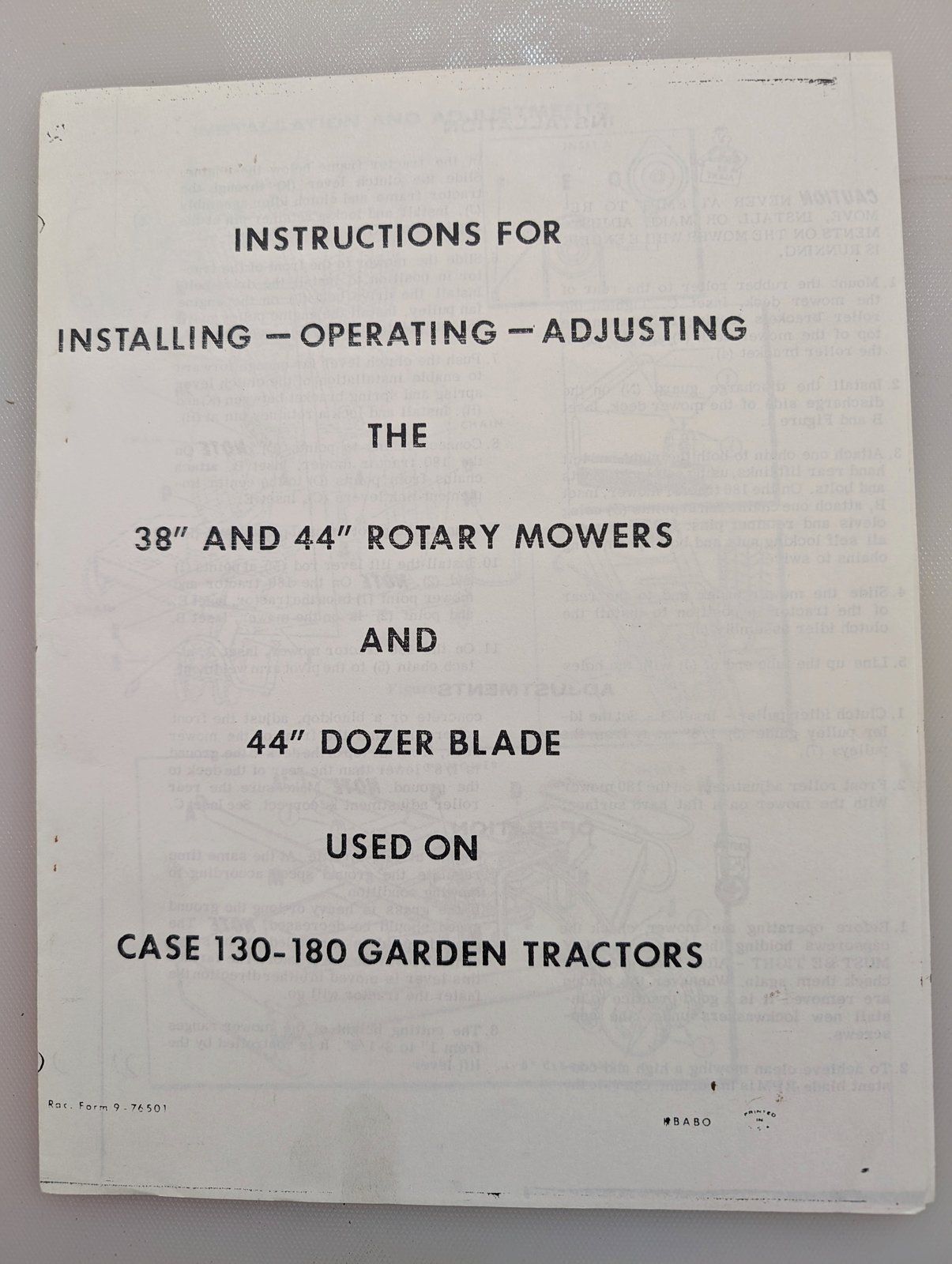 9-76501 OM: D38 D44 MOWER & BLADE - Ingersoll/Case Tractor Part