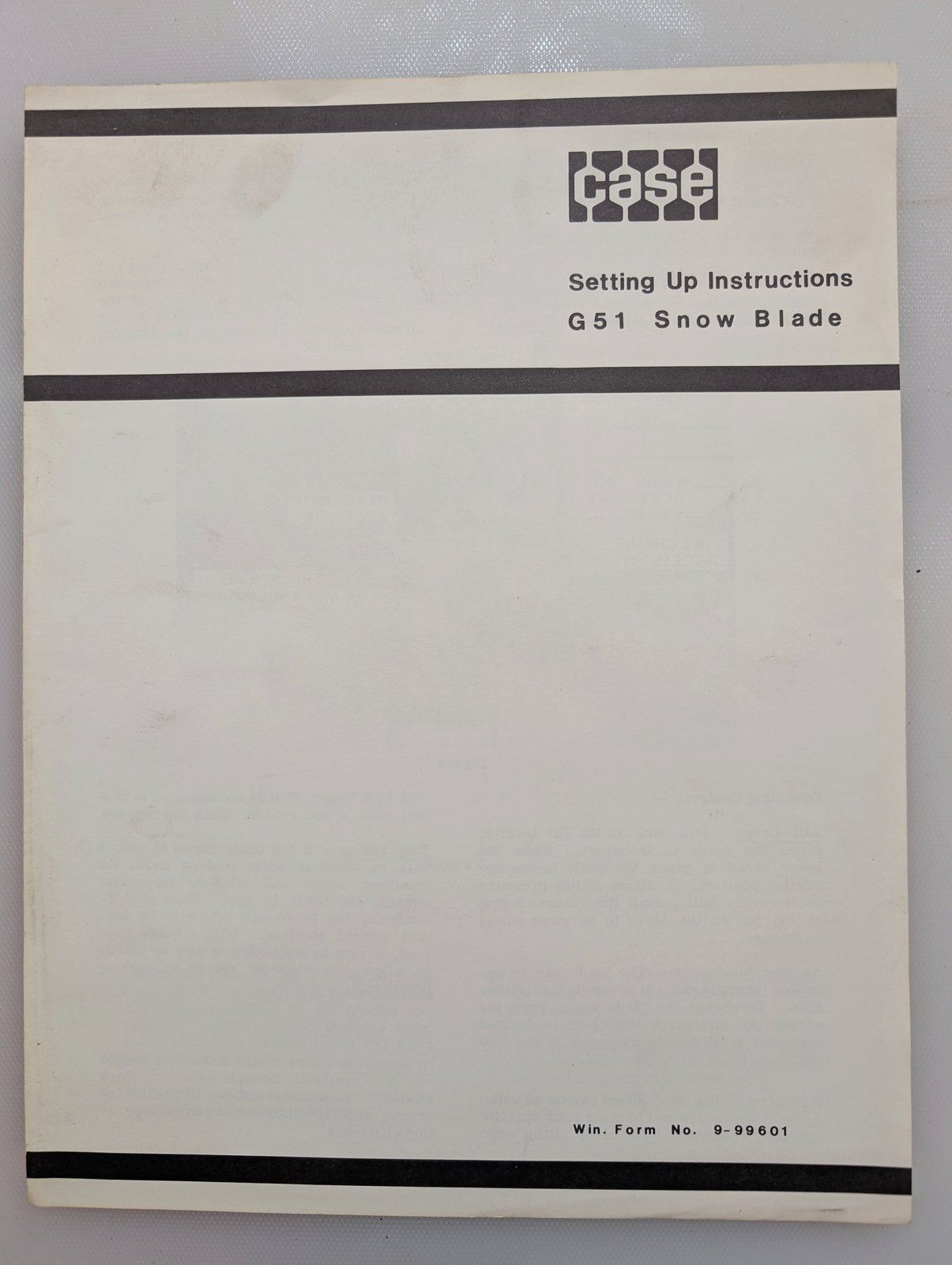9-99601 INSTR- SET UP - G51 SNOWBLADE - Ingersoll/Case Tractor Part
