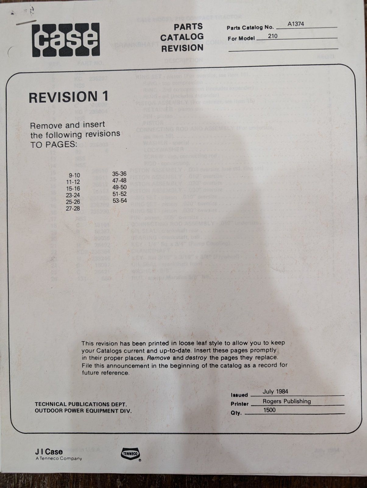 A1374 REVISION PC: 210 SN 9733526 & AFTER - Ingersoll/Case Tractor Part