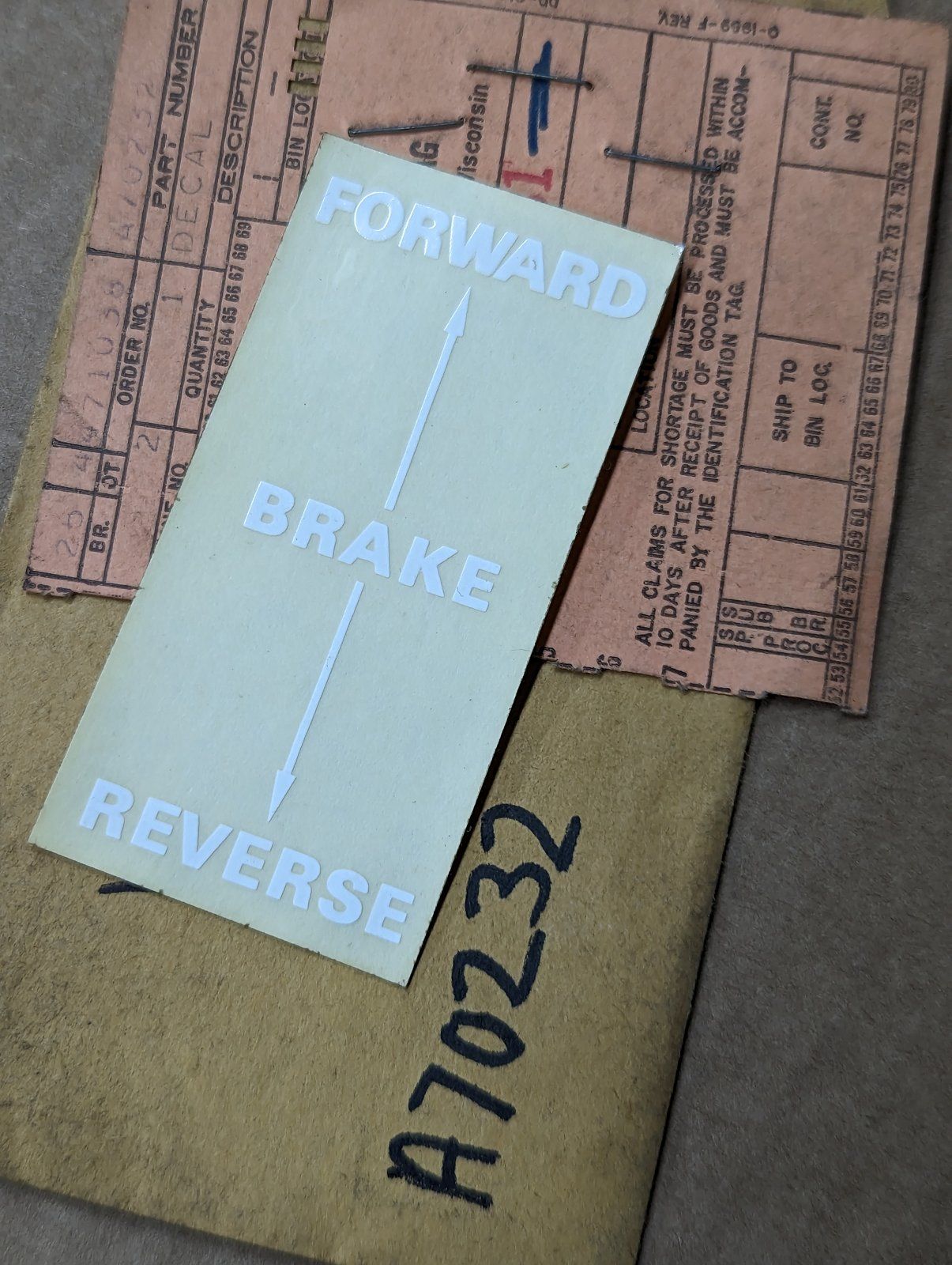 A70232 DECAL - FORWARD/BRAKE/ REVERSE - Ingersoll/Case Tractor Part