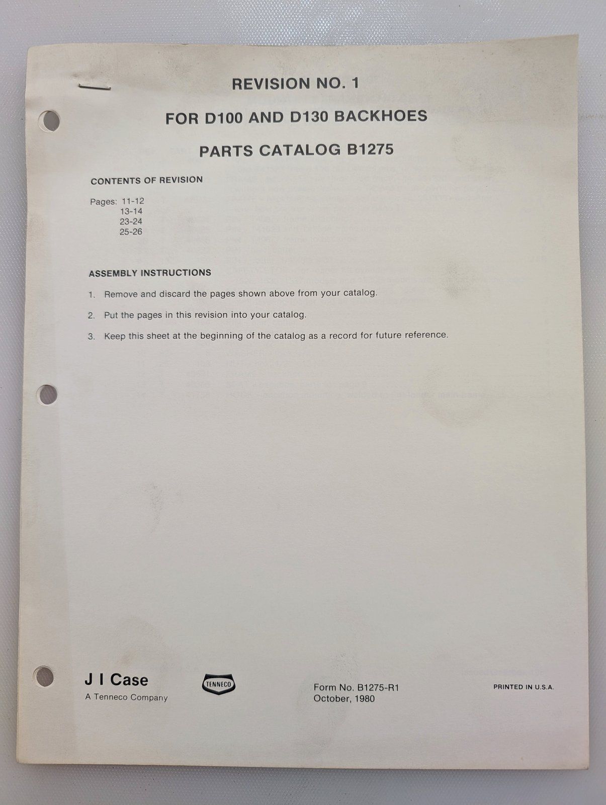 B1275-R1 PC D100 & D130 BACKHOE REVISION #1 - Ingersoll/Case Tractor Part