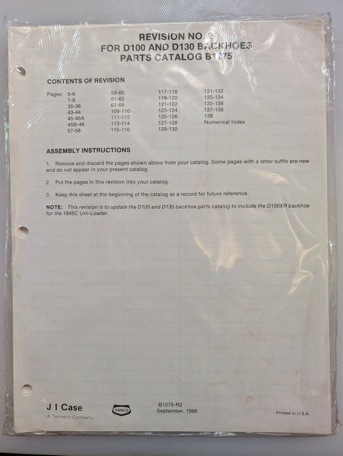 B1275-R2 PC D100 & D130 BACKHOE REVISION #2 - Ingersoll/Case Tractor Part