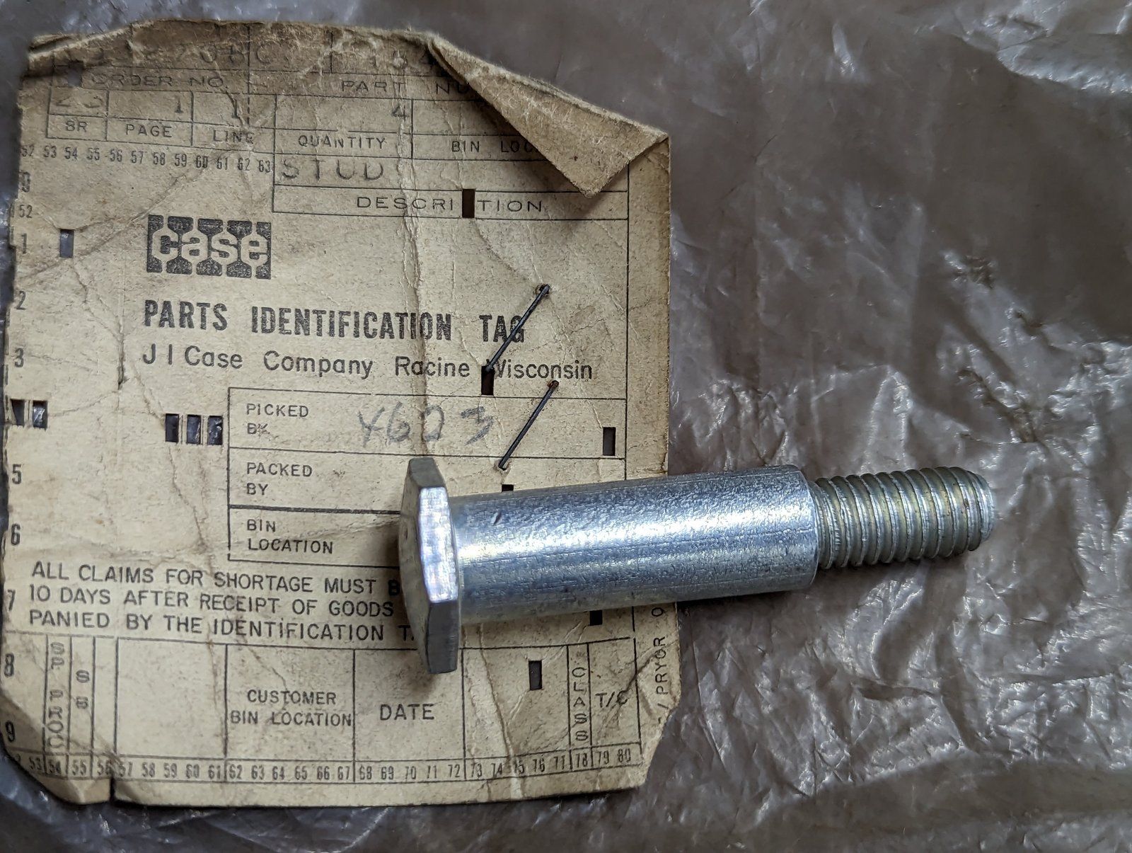 C15412 BOLT SHOULDER .500/ .496 X 1.406 ZP - Ingersoll/Case Tractor Part
