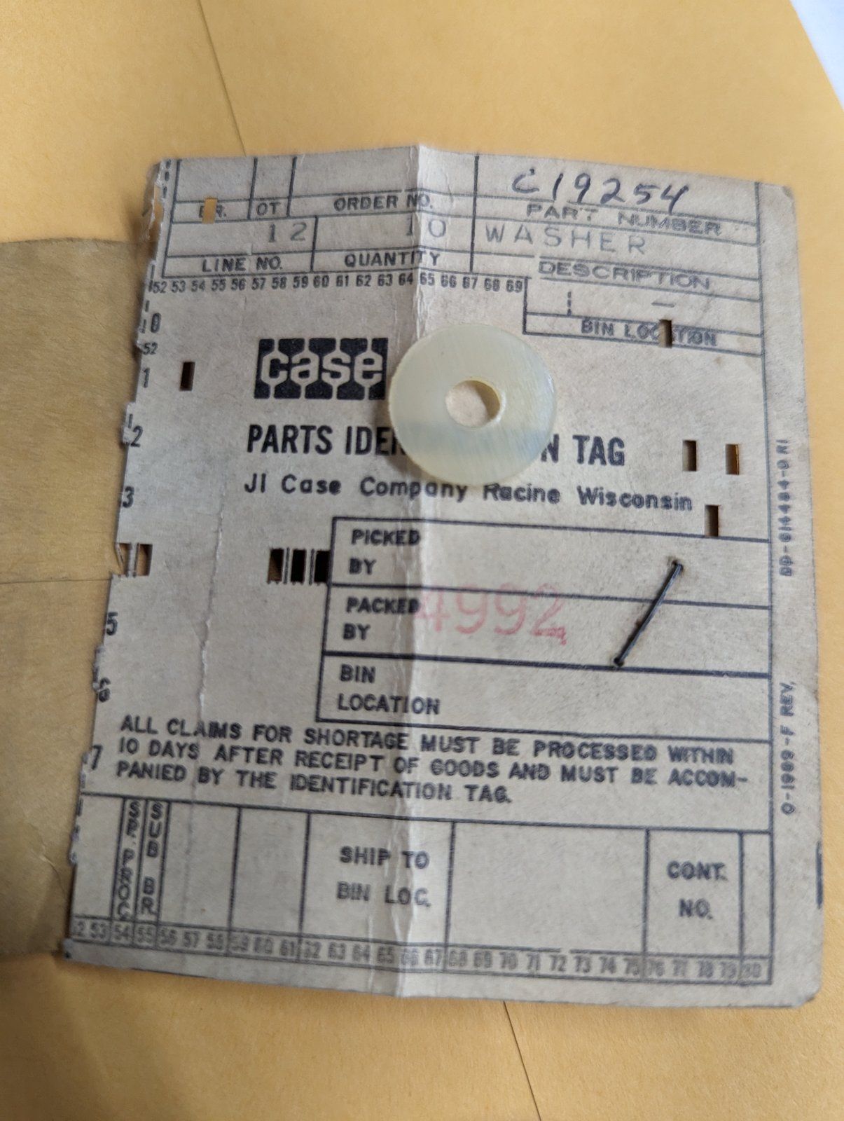 C19254 WASHER - NYLON .203 X .625 X .062 - Ingersoll/Case Tractor Part